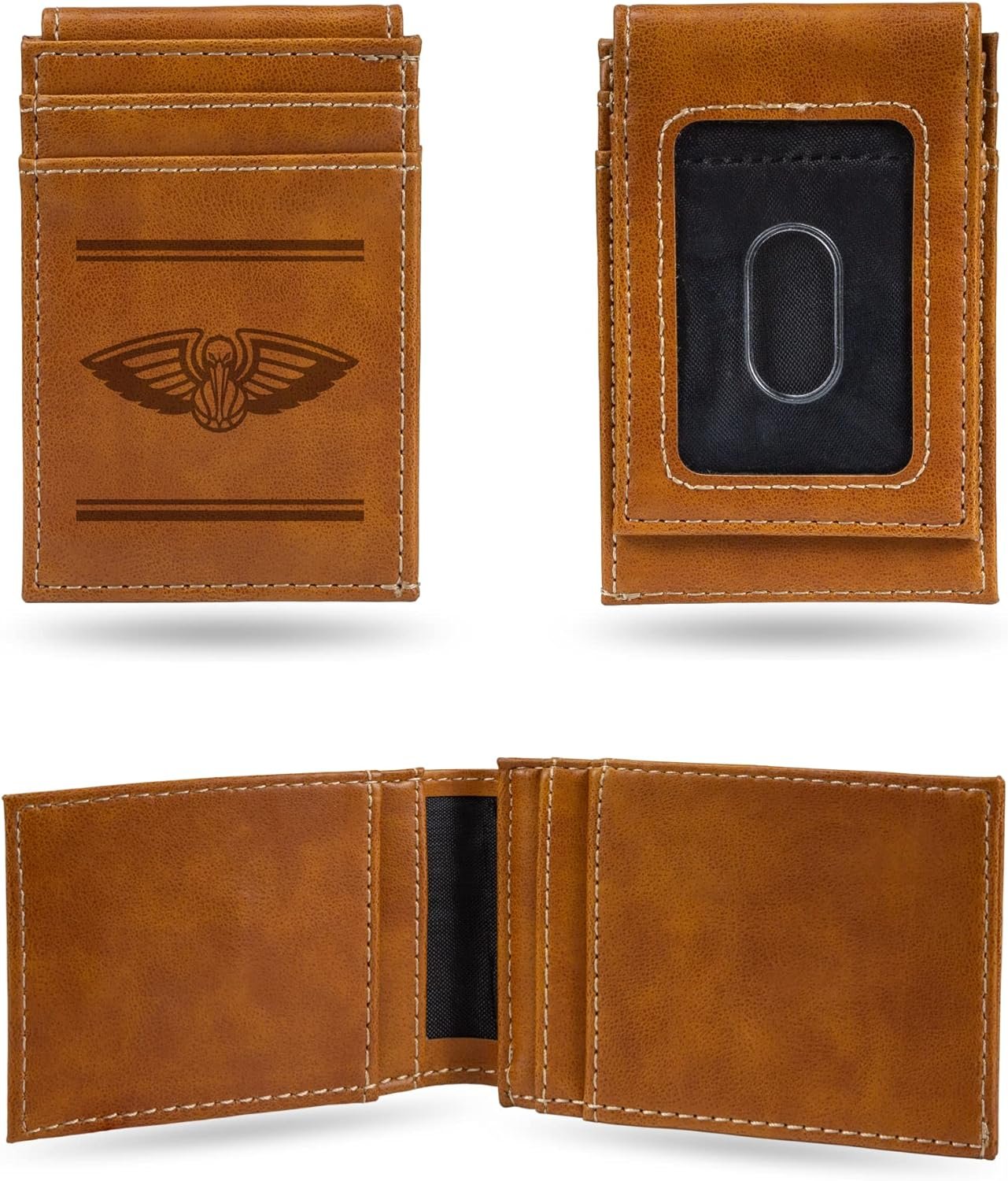 NBA New Orleans Pelicans Premium Laser Engraved Vegan Brown Leather Front Pocket Wallet - Compact and Slim yet Sturdy Design - Perfect to Show Your Team Pride or Gift
