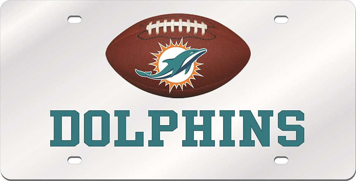 Miami Dolphins Premium Laser Cut Tag License Plate, Football, Mirrored Acrylic, Inlaid, 12x6 Inch