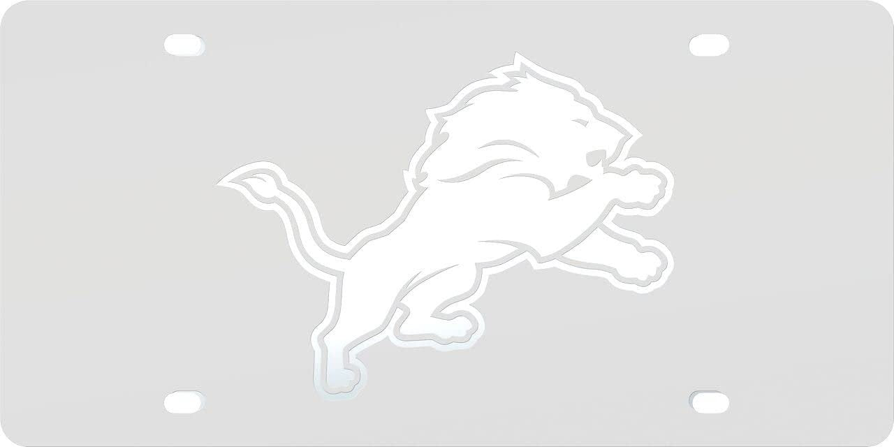 Detroit Lions Premium Laser Cut Tag License Plate, Frost Design, Mirrored Acrylic Inlaid, 6x12 Inch 1