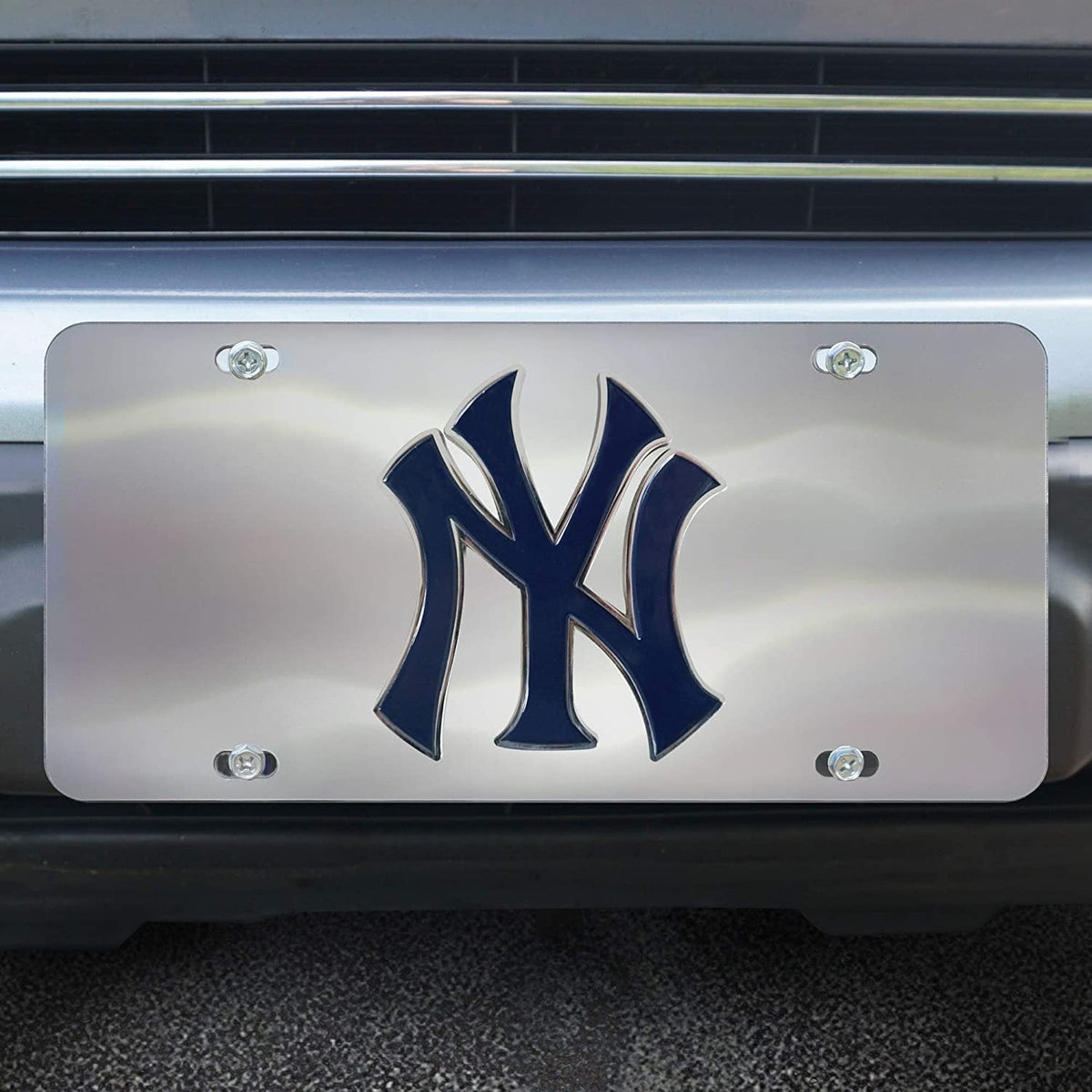 New York Yankees License Plate Tag, Premium Stainless Steel Diecast, Chrome, Raised Solid Metal Color Emblem, 6x12 Inch