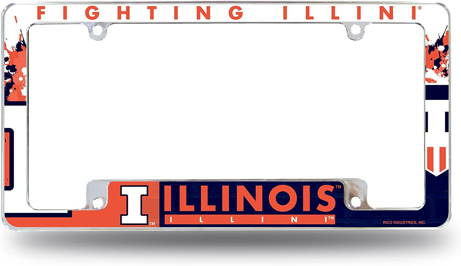 University of Illinois Fighting Illini Metal License Plate Frame Chrome Tag Cover All Over Design 6x12 Inch 1
