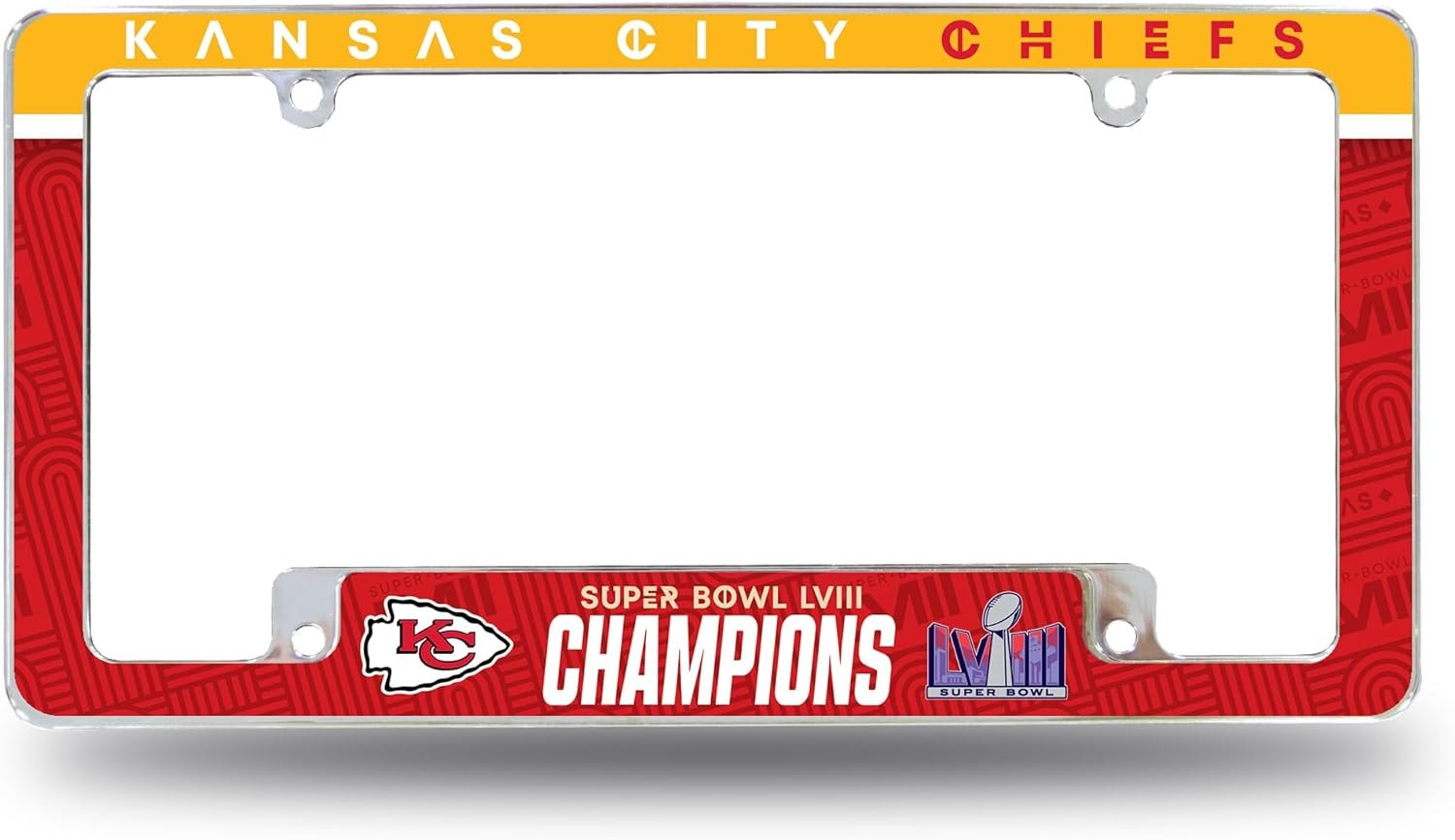 Rico Industries NFL Football Kansas City Chiefs 2024 Super Bowl LVIII Champions 12" x 6" Chrome All Over Automotive License Plate Frame for Car/Truck/SUV