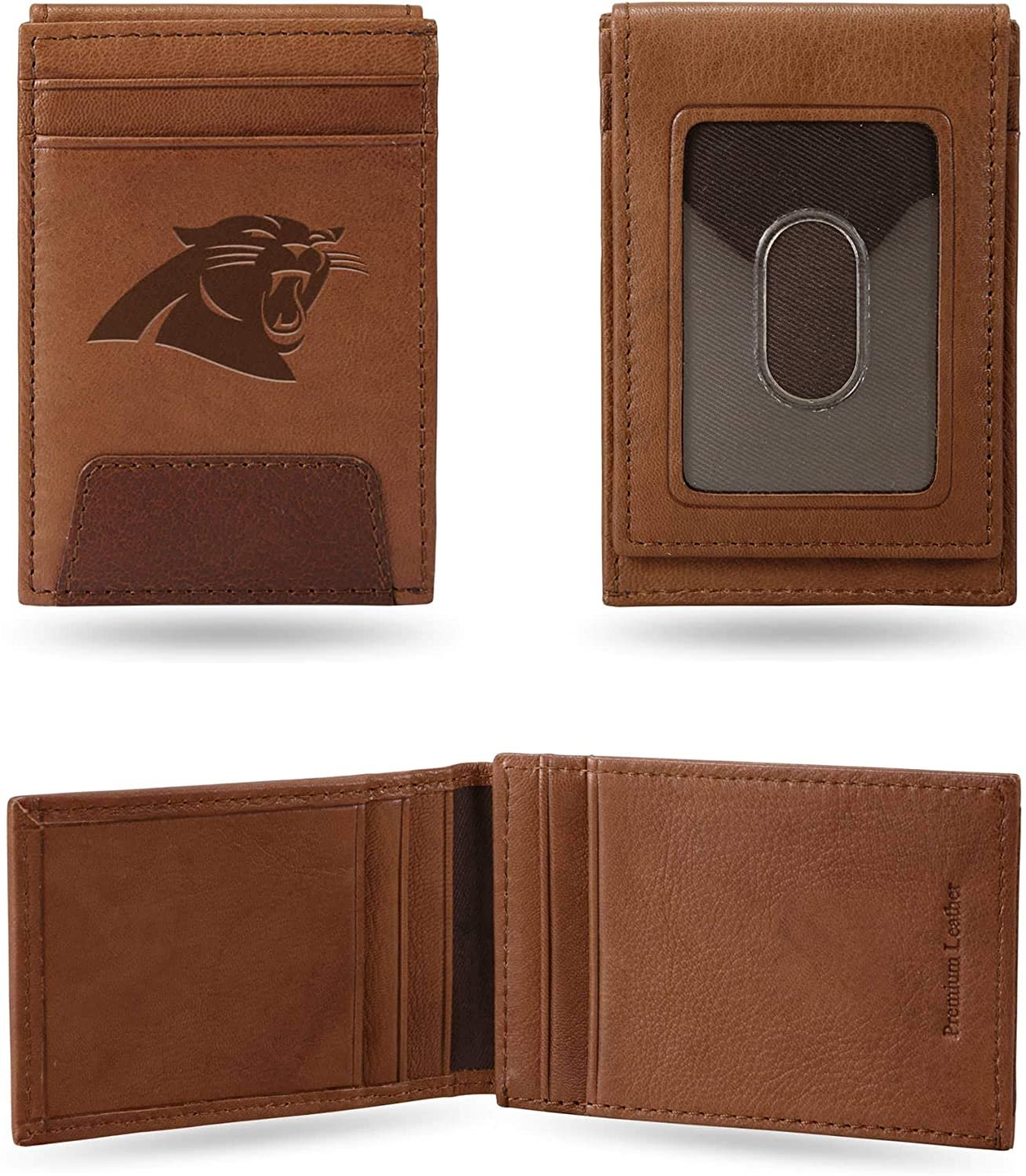 Carolina Panthers Premium Brown Leather Wallet, Front Pocket Magnetic Money Clip, Laser Engraved 1