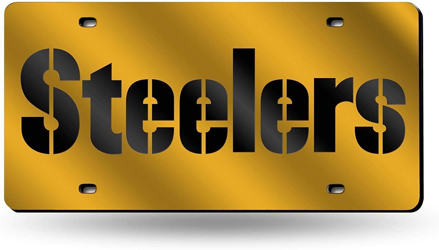 Pittsburgh Steelers Premium Laser Cut Tag License Plate, Yellow Script, Mirrored Acrylic Inlaid, 12x6 Inch 1