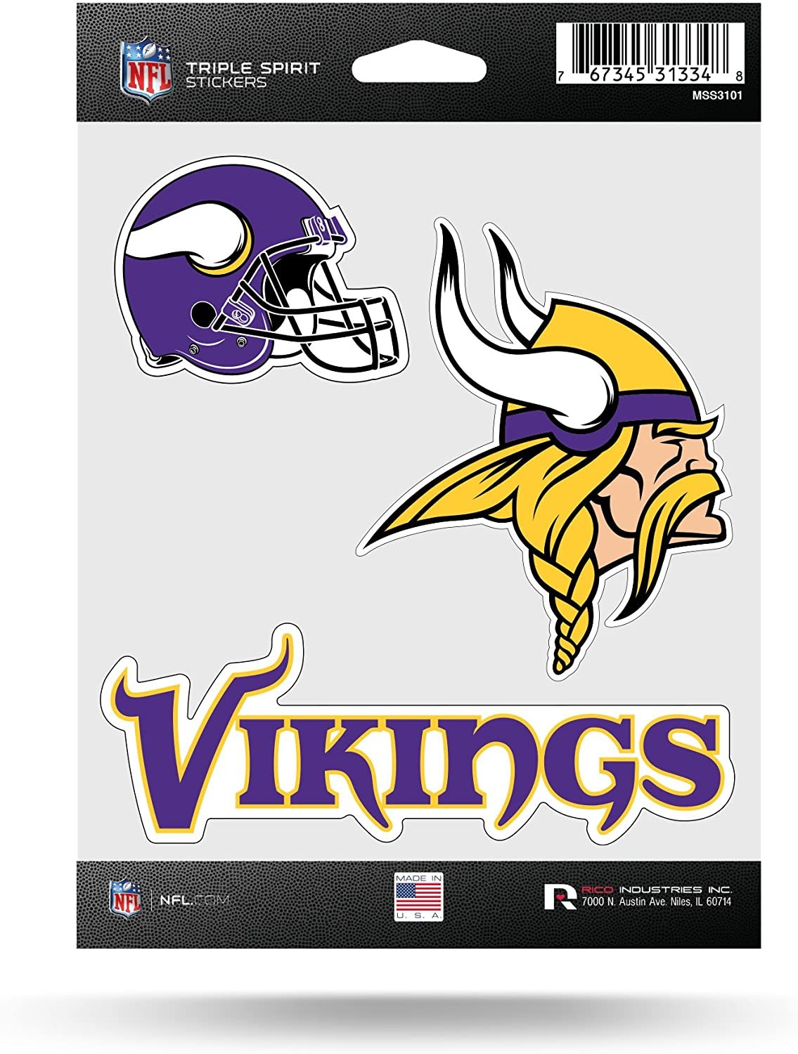 NFL Rico Industries Die Cut 3-Piece Triple Spirit Sticker Sheet, Minnesota Vikings Team Color, 5 x 7-inches 1
