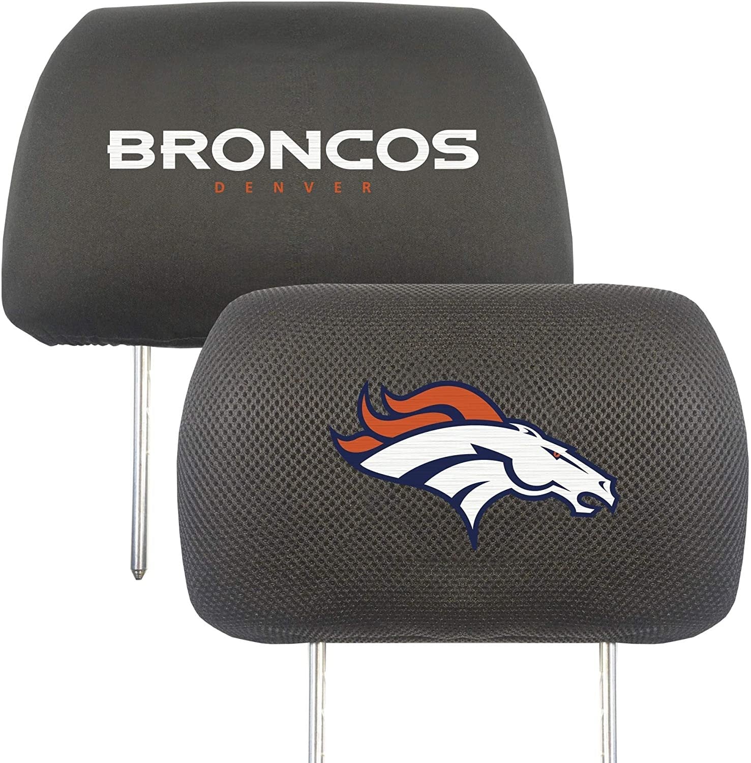 Denver Broncos Pair of Premium Auto Head Rest Covers, Embroidered, Black Elastic, 14x10 Inch 1