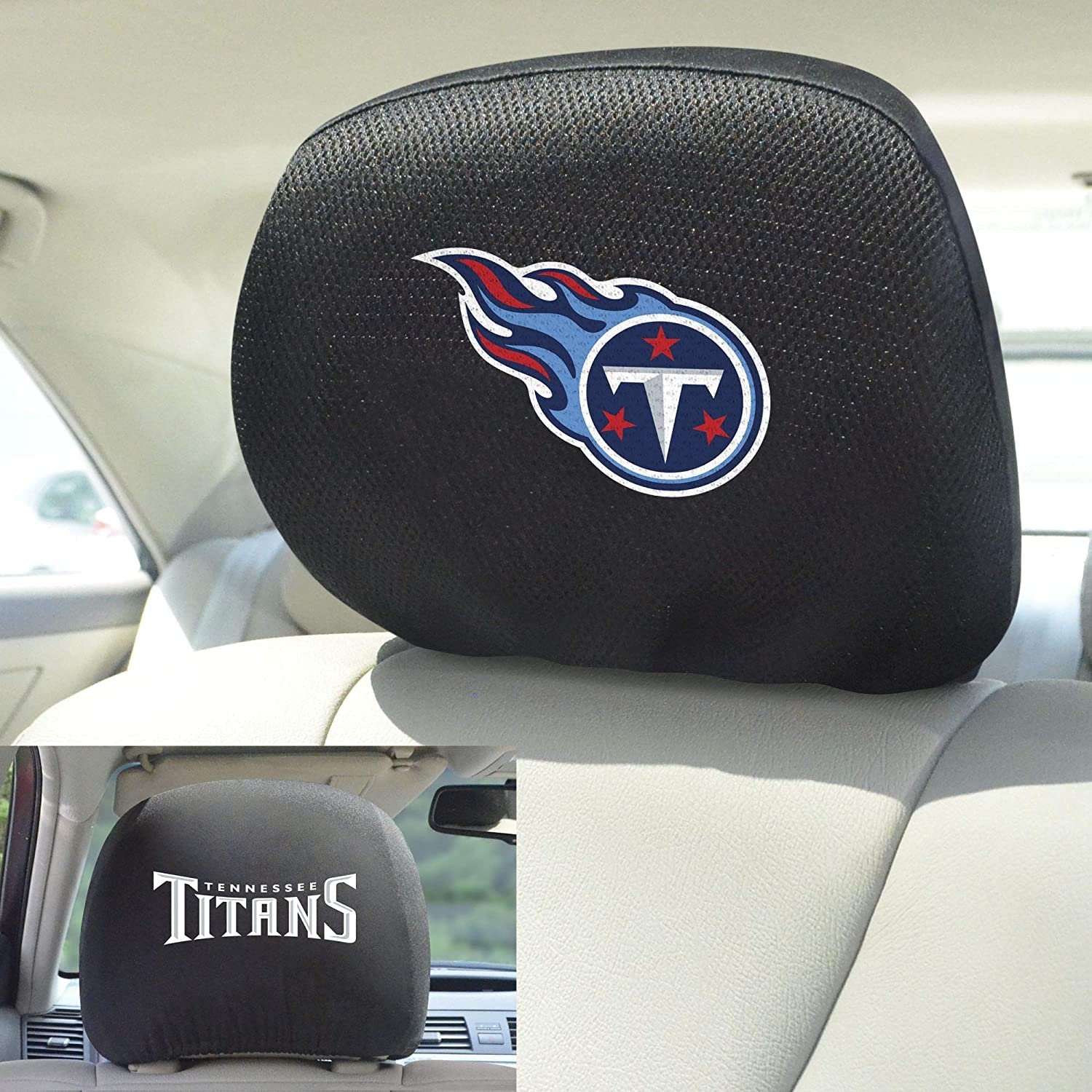 Tennessee Titans Pair of Premium Auto Head Rest Covers, Embroidered, Black Elastic, 14x10 Inch 2
