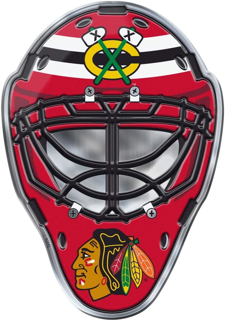 Chicago Blackhawks Mask Auto Emblem, Aluminum Metal, Embossed Team Color, Raised Decal Sticker, Full Adhesive Backing