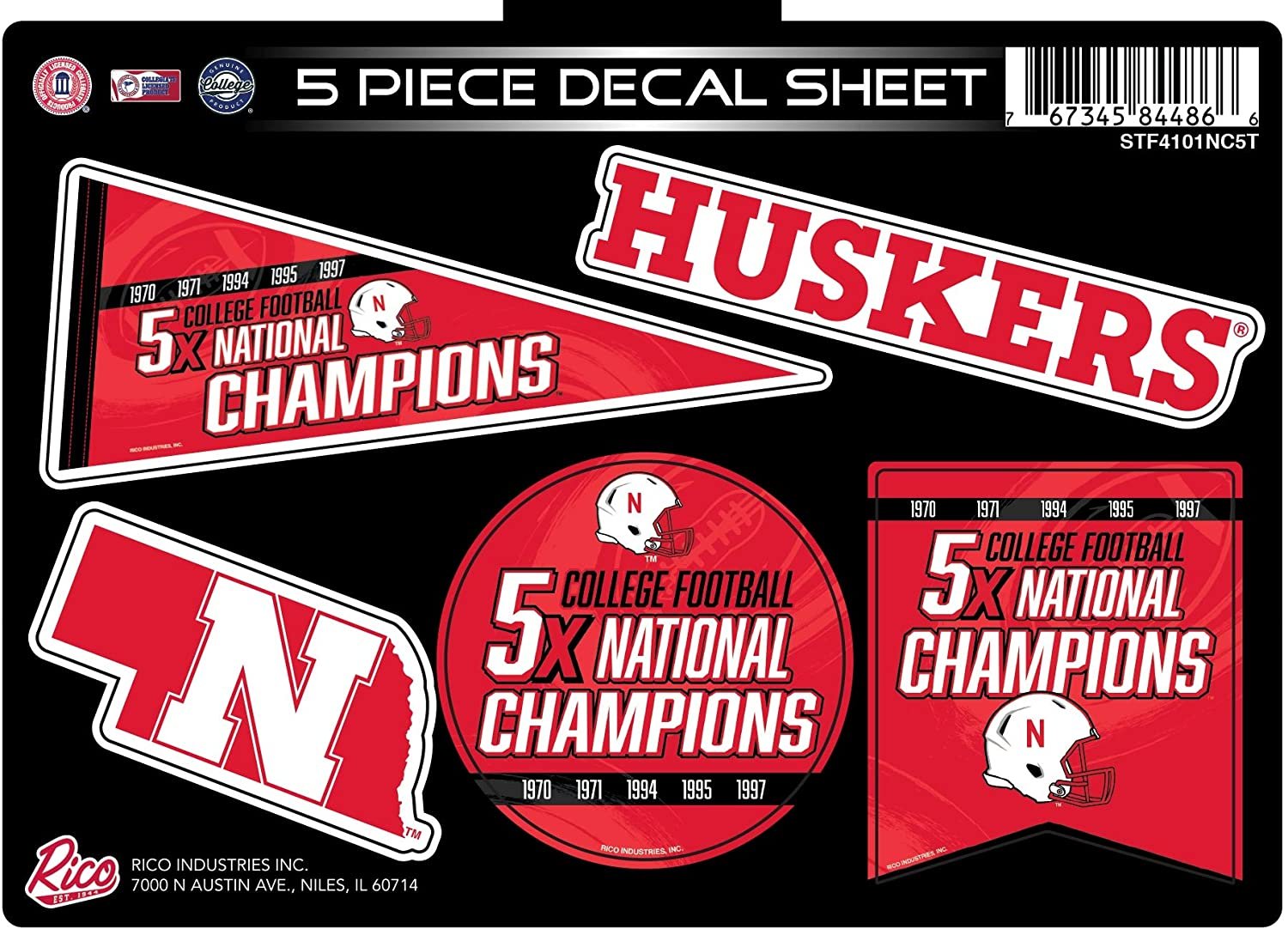 Nebraska Cornhuskers 5X Time Champions Decal Sticker Multi Sheet 5 Piece College Football Flat Vinyl Emblem University of 1
