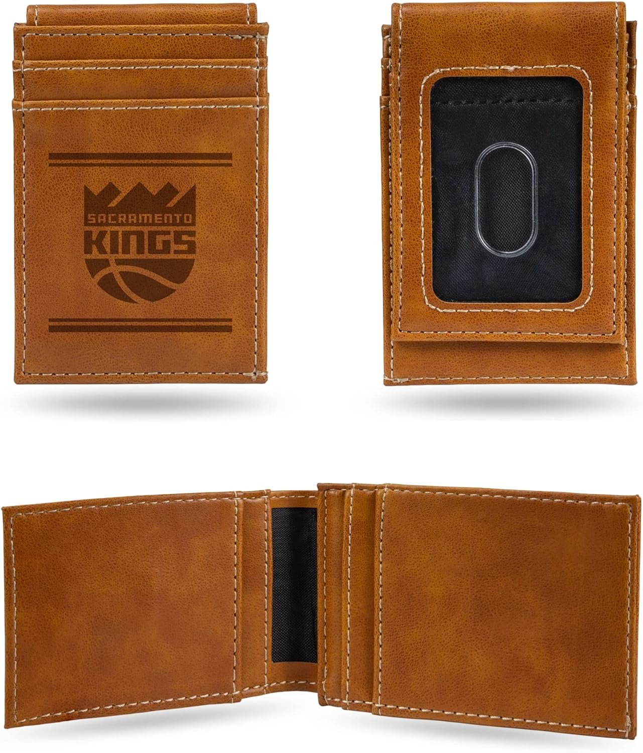 Rico Industries NBA Sacramento Kings Premium Laser Engraved Vegan Brown Leather Front Pocket Wallet - Compact and Slim Yet Sturdy Design - Perfect to Show Your Team Pride or Gift