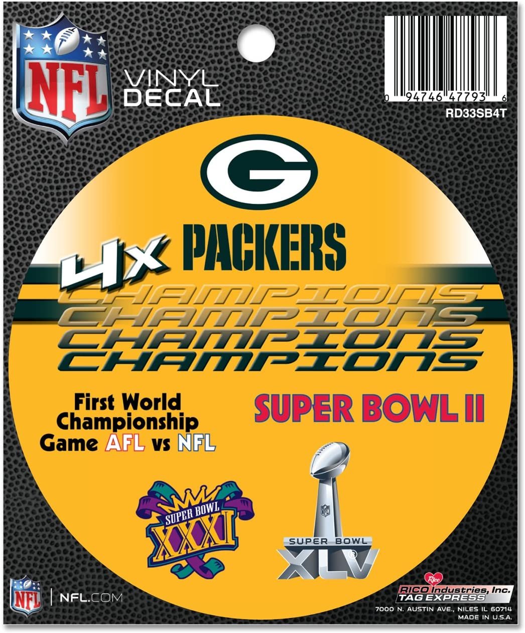 Green Bay Packers 4X Time Super Bowl Champion Sticker Decal Vinyl 4 Inch Round Full Adhesive Backing 1