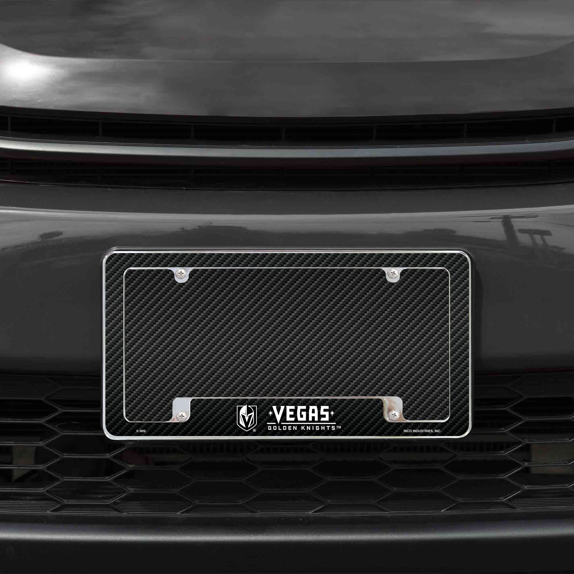 Vegas Golden Knights Metal License Plate Frame Chrome Tag Cover, Carbon Fiber Design, 6x12 Inch