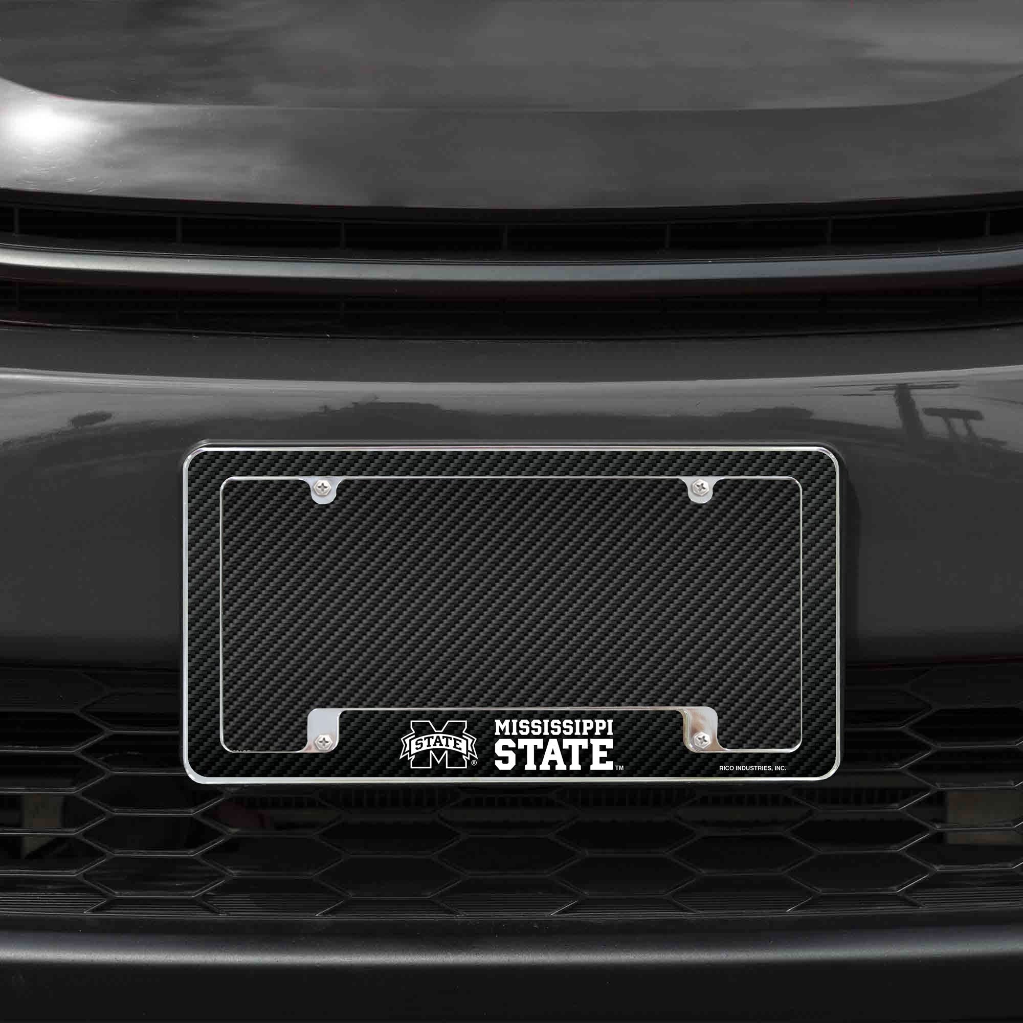 Mississippi State University Bulldogs Metal License Plate Frame Chrome Tag Cover, Carbon Fiber Design, 6x12 Inch