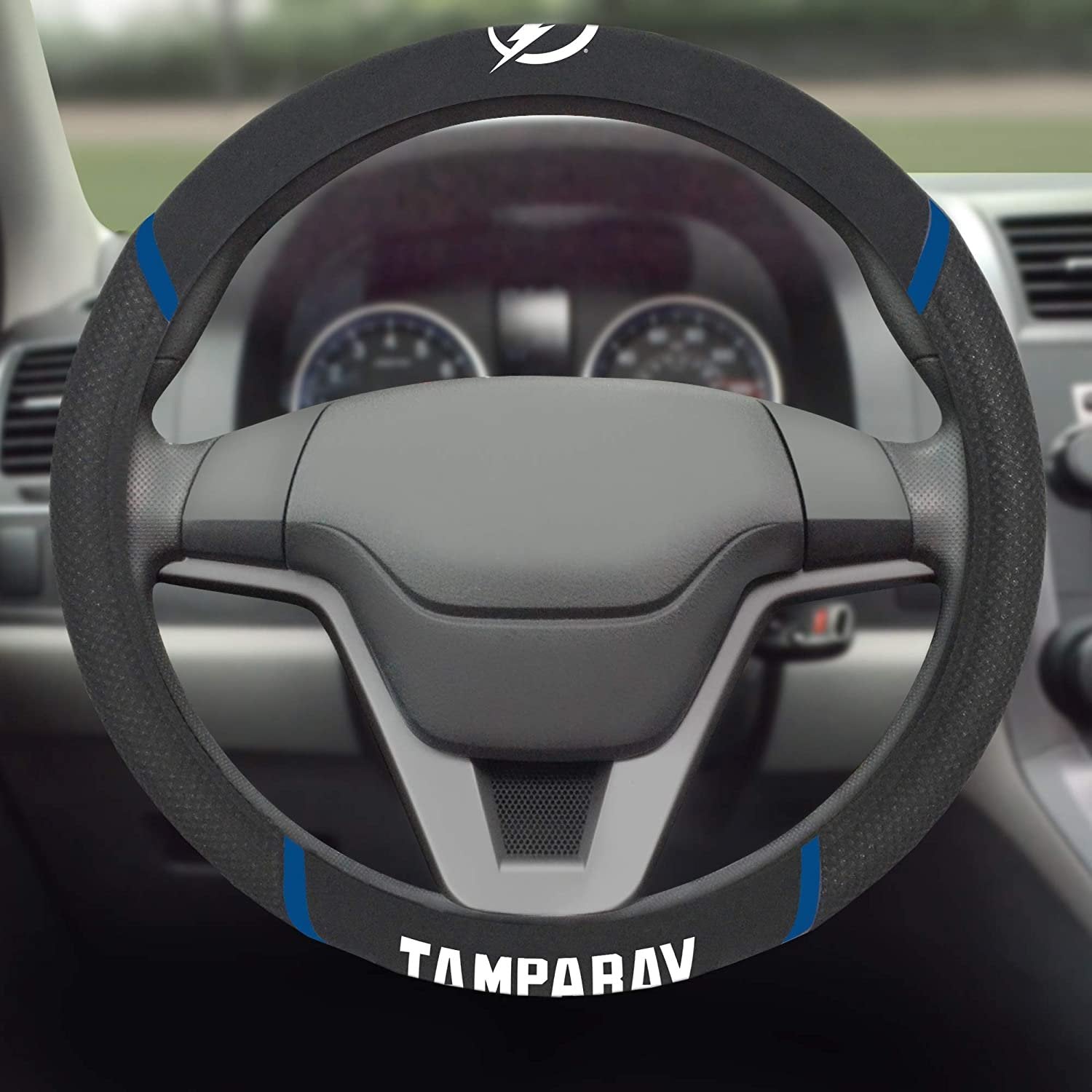 Tampa Bay Lightning Steering Wheel Cover Premium Embroidered Black 15 Inch 3
