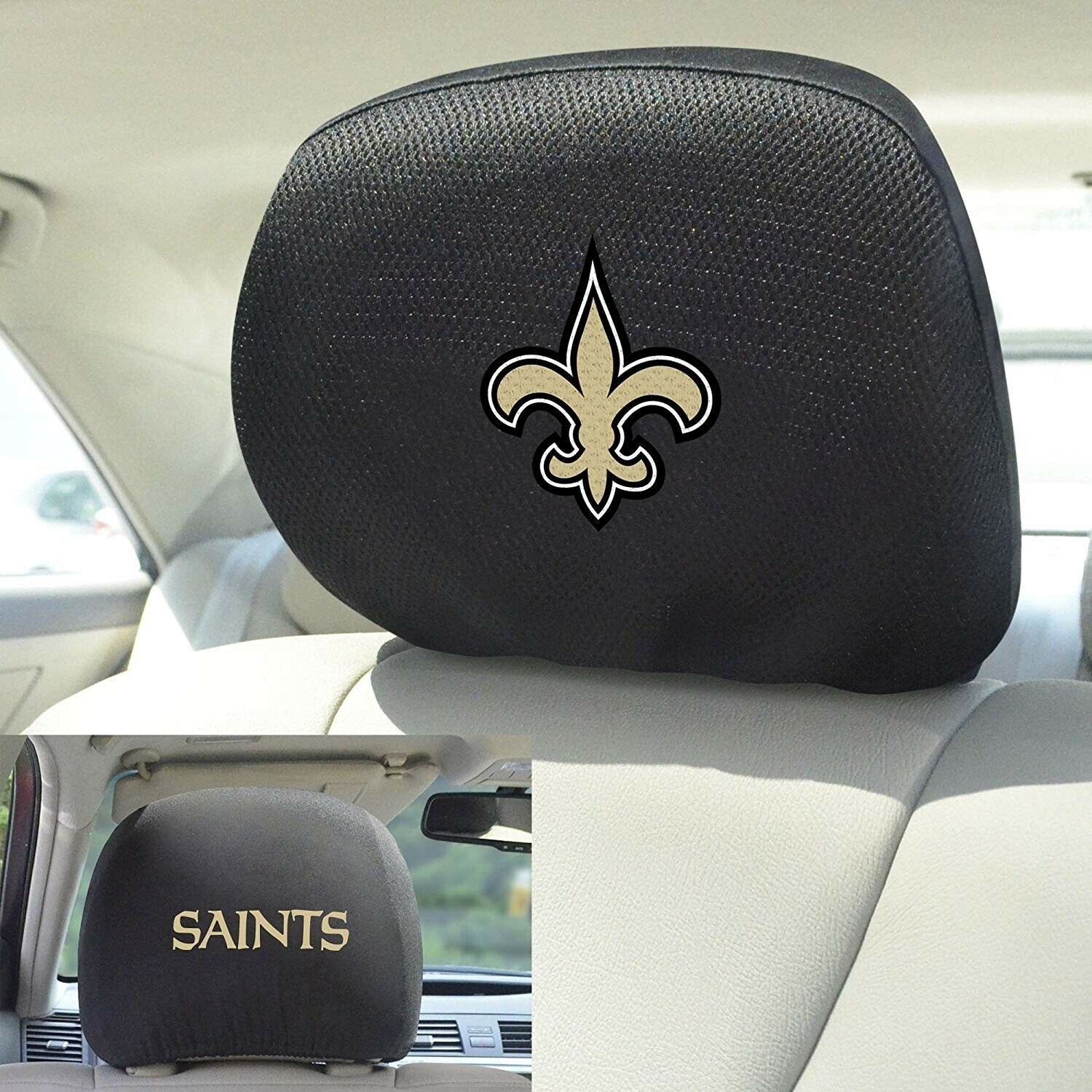 New Orleans Saints Pair of Premium Auto Head Rest Covers, Embroidered, Black Elastic, 14x10 Inch 1