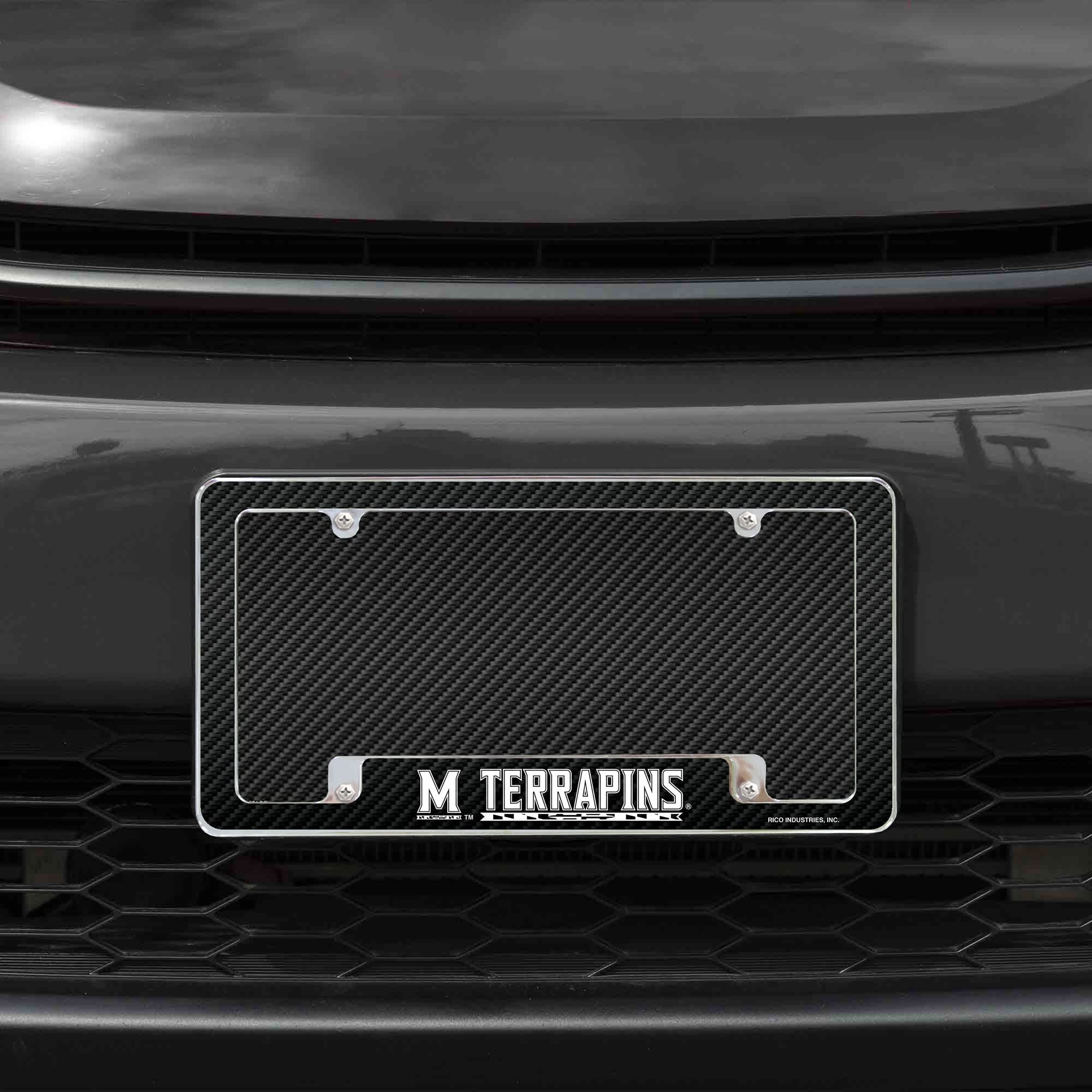 University of Maryland Terrapins Metal License Plate Frame Chrome Tag Cover, Carbon Fiber Design, 6x12 Inch