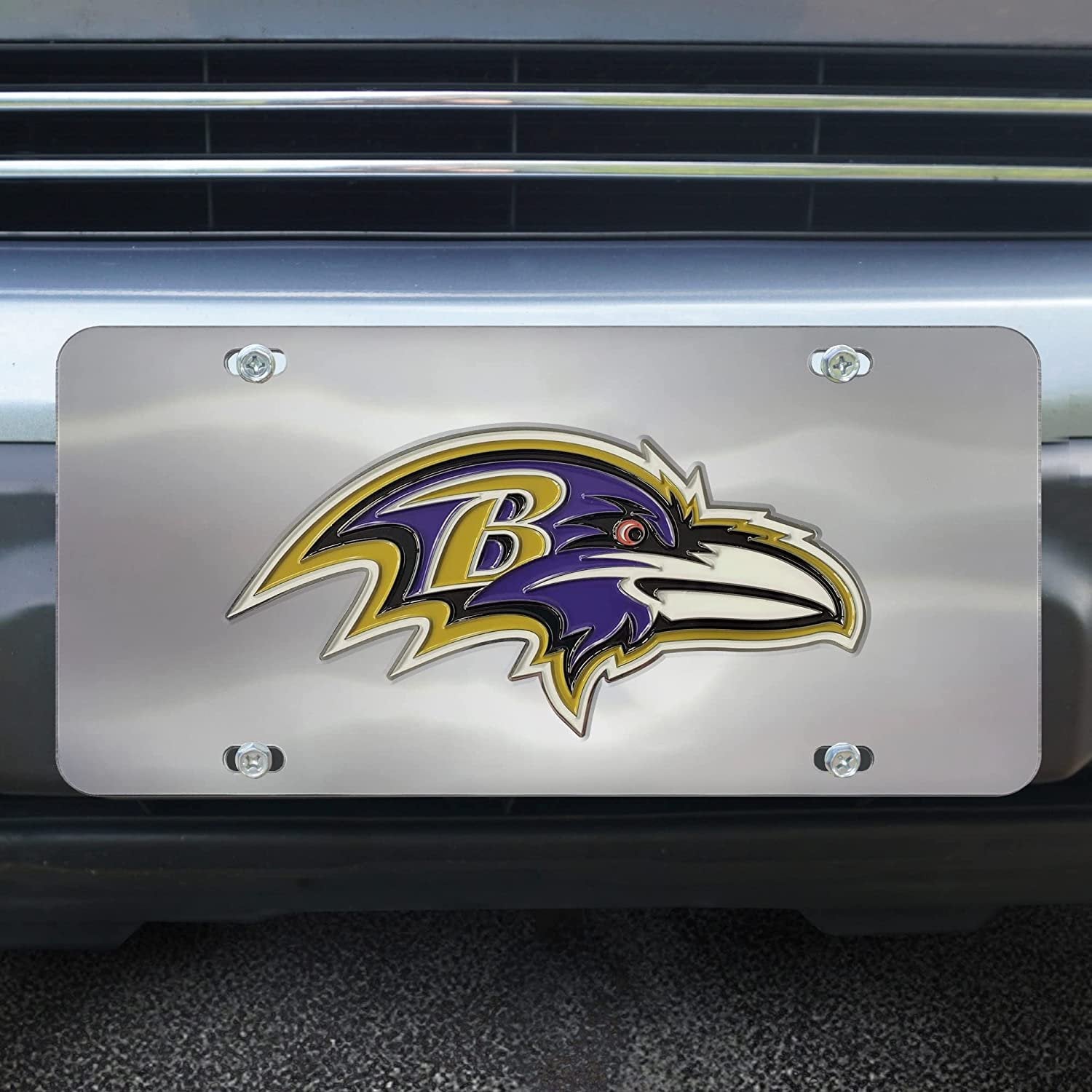 Baltimore Ravens License Plate Tag, Premium Stainless Steel Diecast, Chrome, Raised Solid Metal Color Emblem, 6x12 Inch