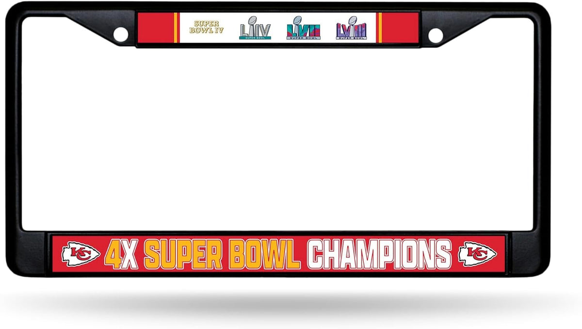 Rico Industries NFL Football Kansas City Chiefs 4X Super Bowl Champions Black Chrome License Plate Frame with Decal Inserts 12" x 6" Car/Truck Auto Accessory