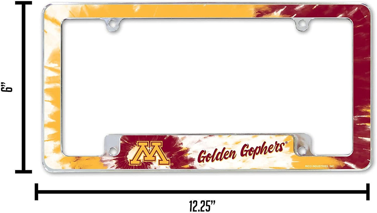 University of Minnesota Golden Gophers Metal License Plate Frame Chrome Tag Cover Tie Dye Design 6x12 Inch 5