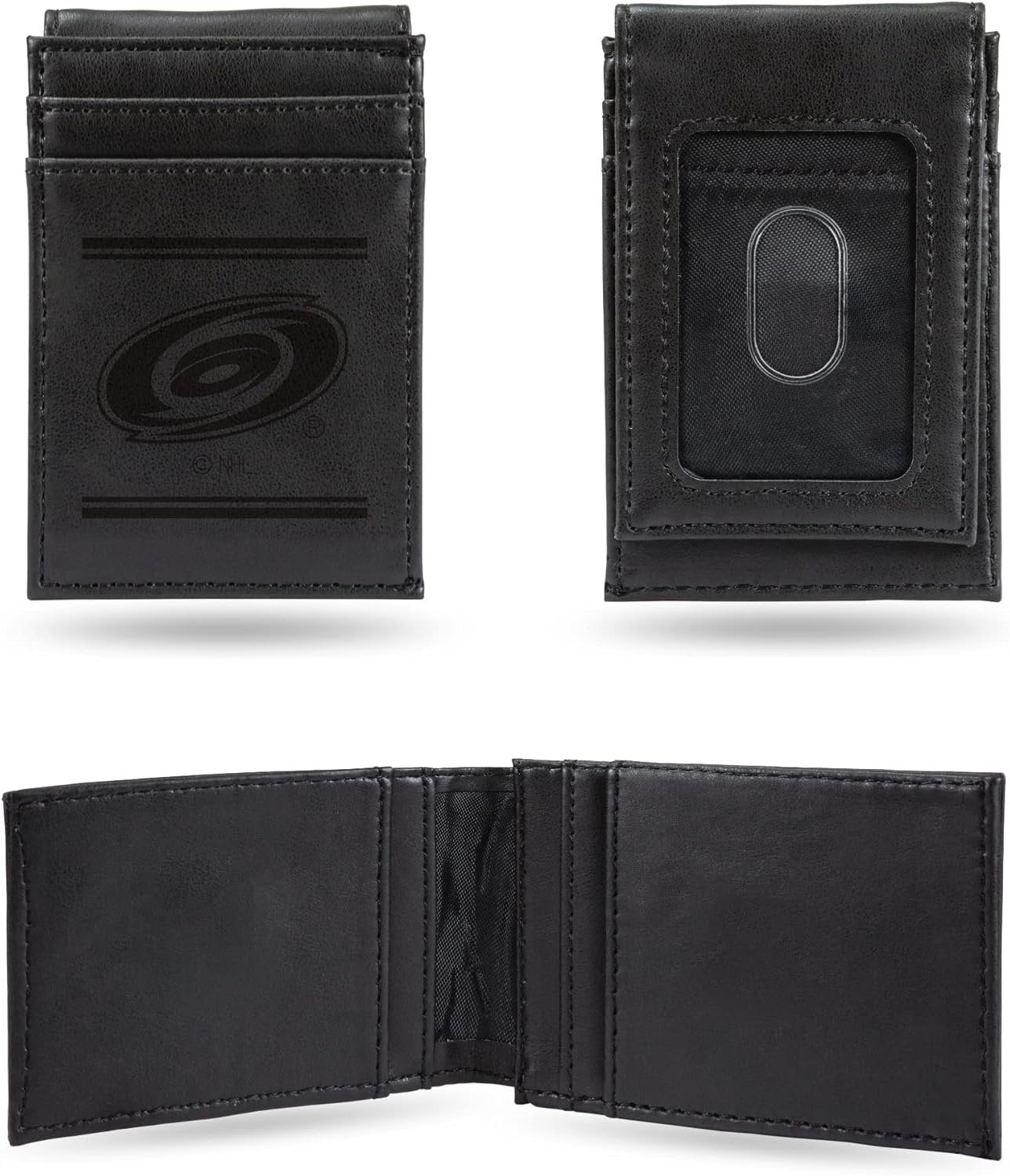 Carolina Hurricanes Premium Black Leather Wallet, Front Pocket Magnetic Money Clip, Laser Engraved, Vegan 4