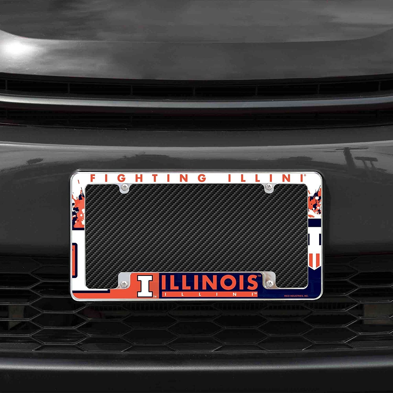 University of Illinois Fighting Illini Metal License Plate Frame Chrome Tag Cover All Over Design 6x12 Inch 2
