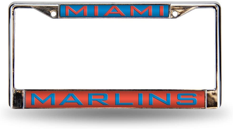 Miami Marlins Chrome Metal License Plate Frame Tag Cover, Laser Acrylic Mirrored Inserts, 12x6 Inch 1