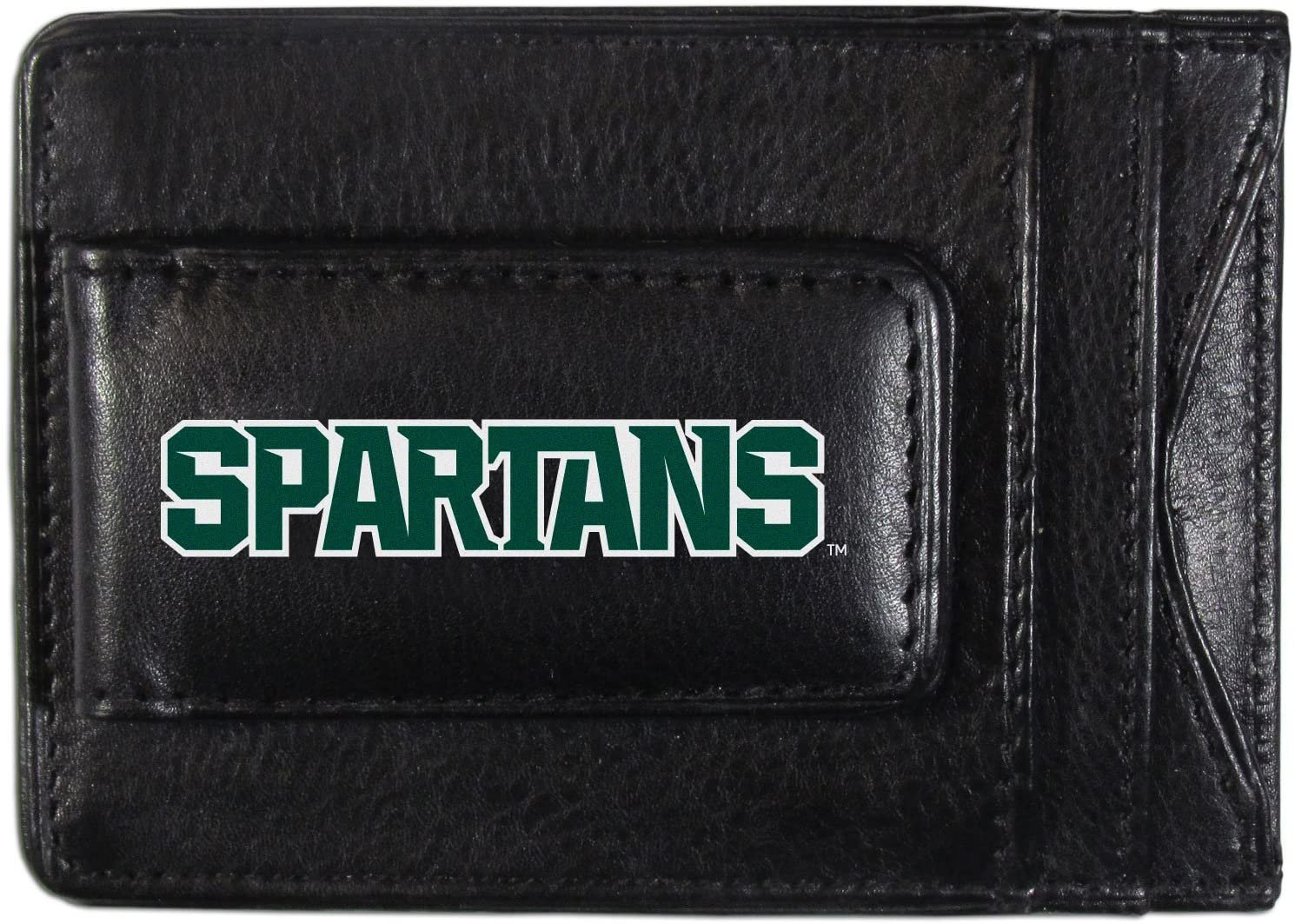 Michigan State University Spartans Black Leather Wallet, Front Pocket Magnetic Money Clip, Printed Logo 1