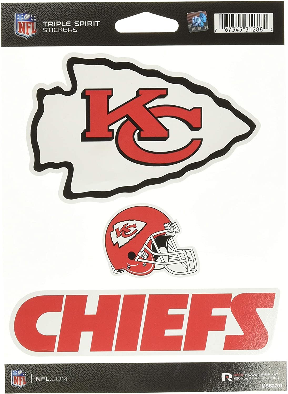 NFL Rico Industries Die Cut 3-Piece Triple Spirit Sticker Sheet, Kansas City Chiefs Team Color, 5 x 7-inches