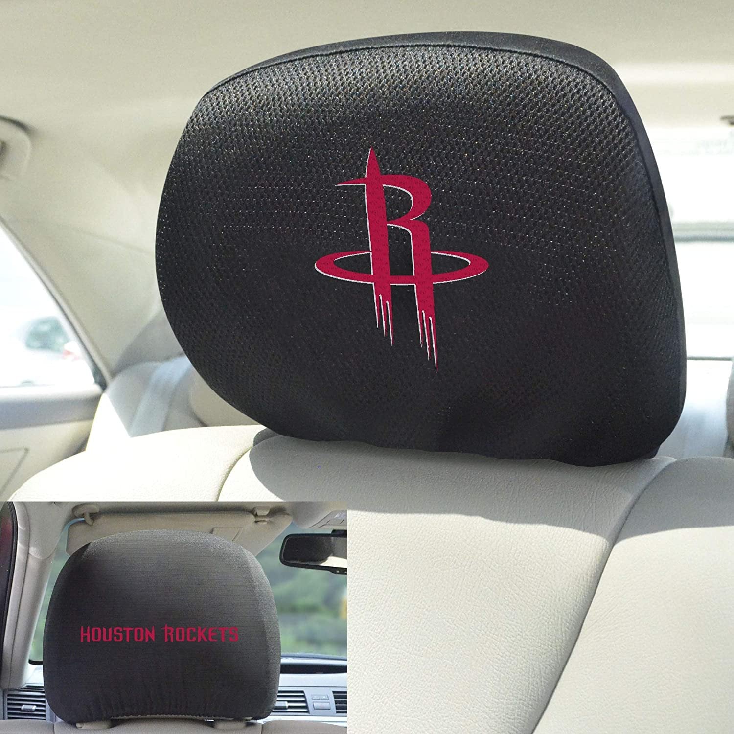Houston Rockets Pair of Premium Auto Head Rest Covers, Embroidered, Black Elastic, 14x10 Inch 2