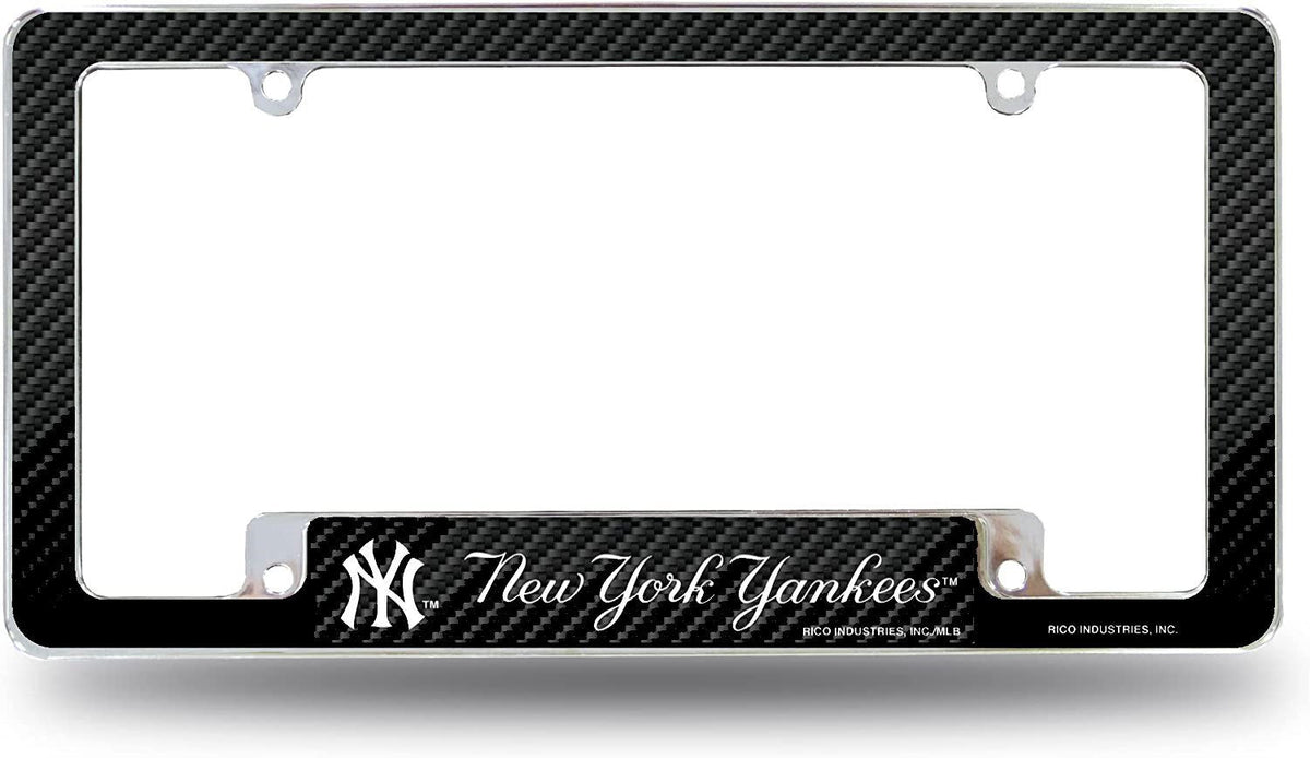 New York Yankees Metal License Plate Frame Chrome Tag Cover Carbon Fiber Design Ez View All Over Style Heavy Gauge Baseball