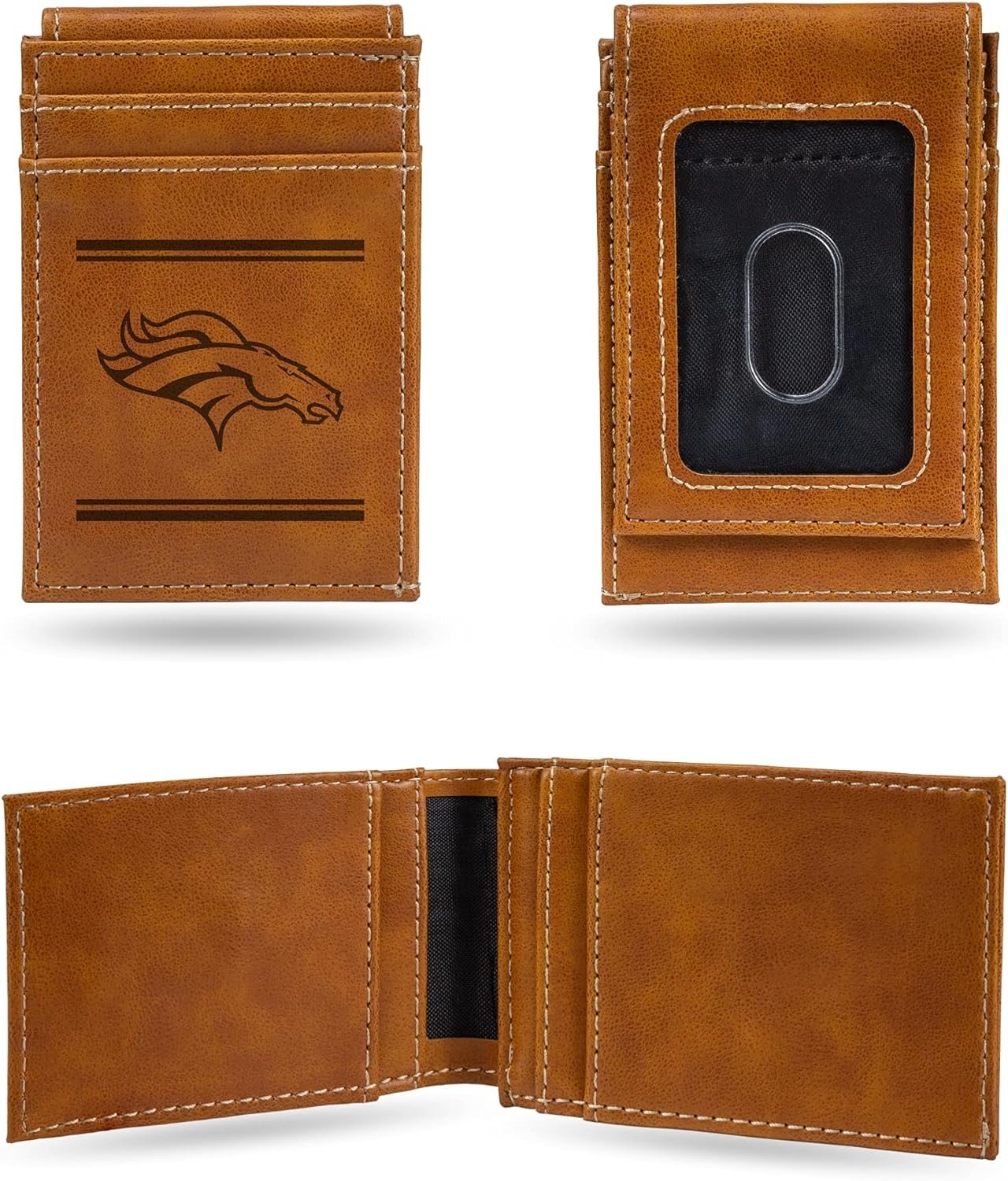 Rico Industries NFL Denver Broncos Premium Laser Engraved Vegan Brown Leather Front Pocket Wallet - Compact and Slim yet Sturdy Design - Perfect to Show Your Team Pride or Gift 1