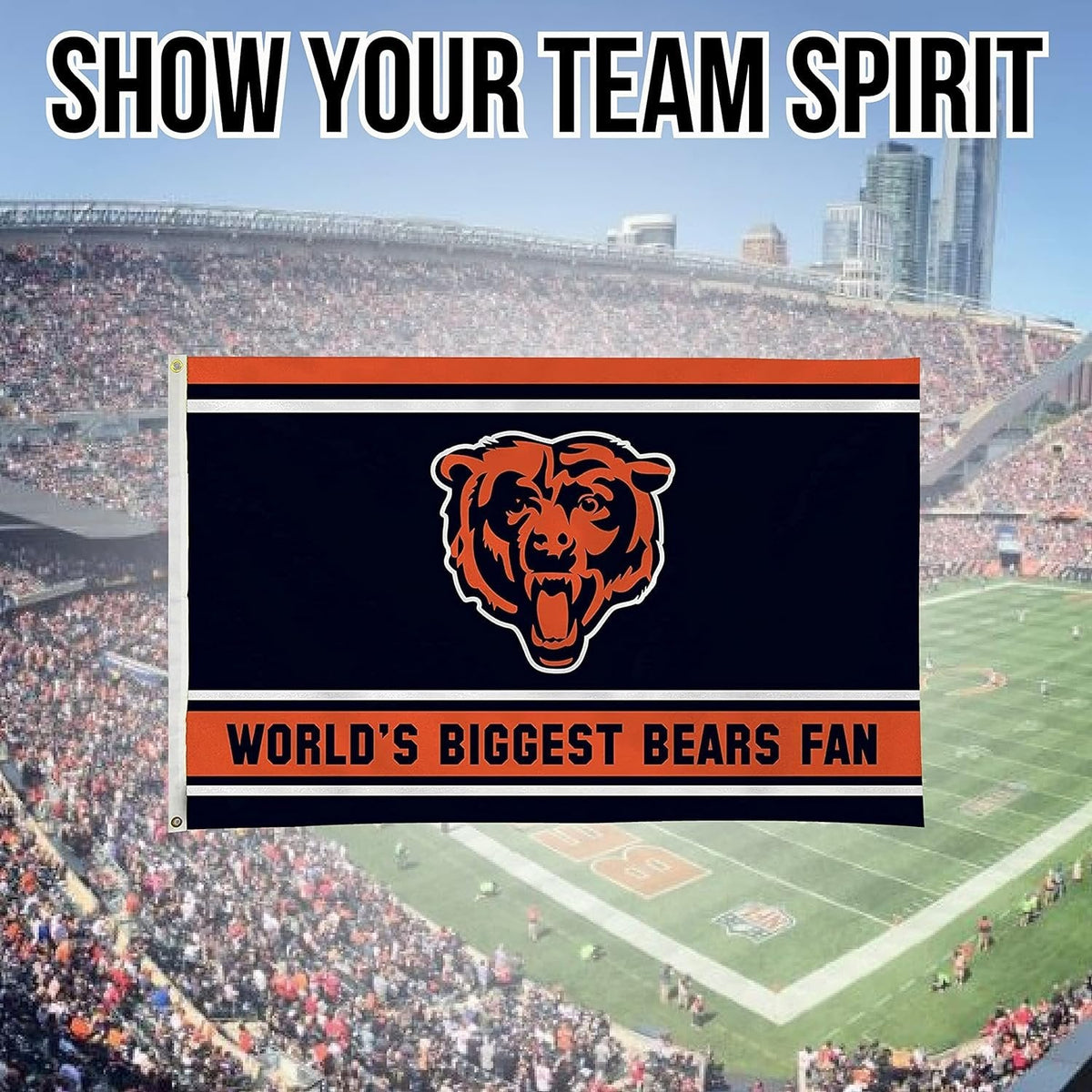 Chicago Bears 3x5 Feet Flag Banner, World's Biggest Fan, Metal Grommets, Single Sided, Indoor or Outdoor Use 6