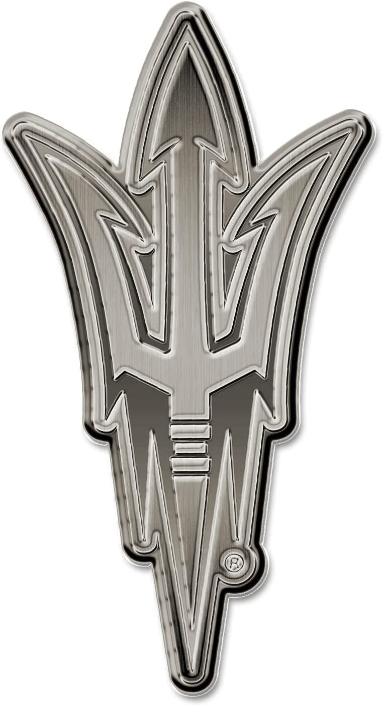 Arizona State University Sun Devils Premium Solid Metal Raised Auto Emblem, Antique Nickel Finish, Shape Cut, Adhesive Backing