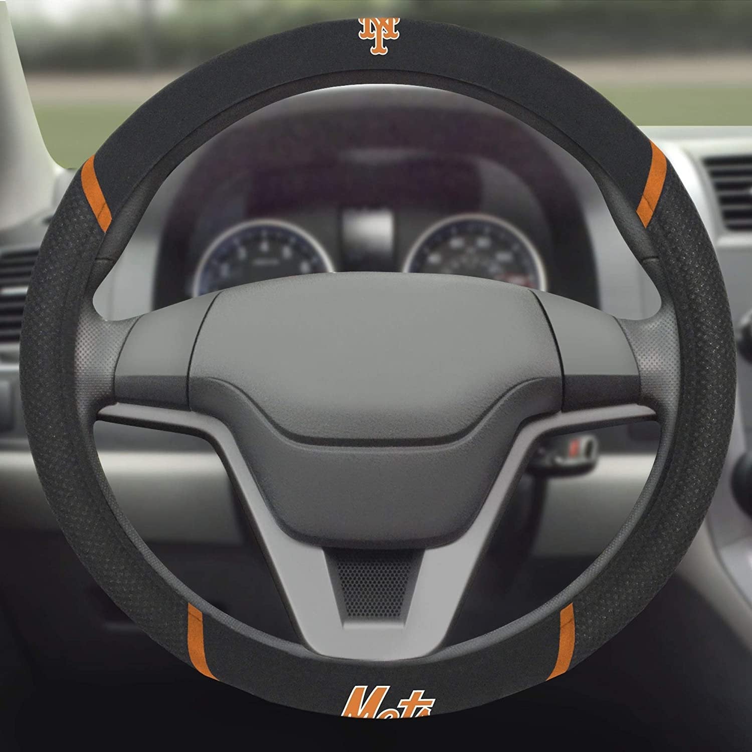 New York Mets Steering Wheel Cover Premium Embroidered Black 15 Inch 3