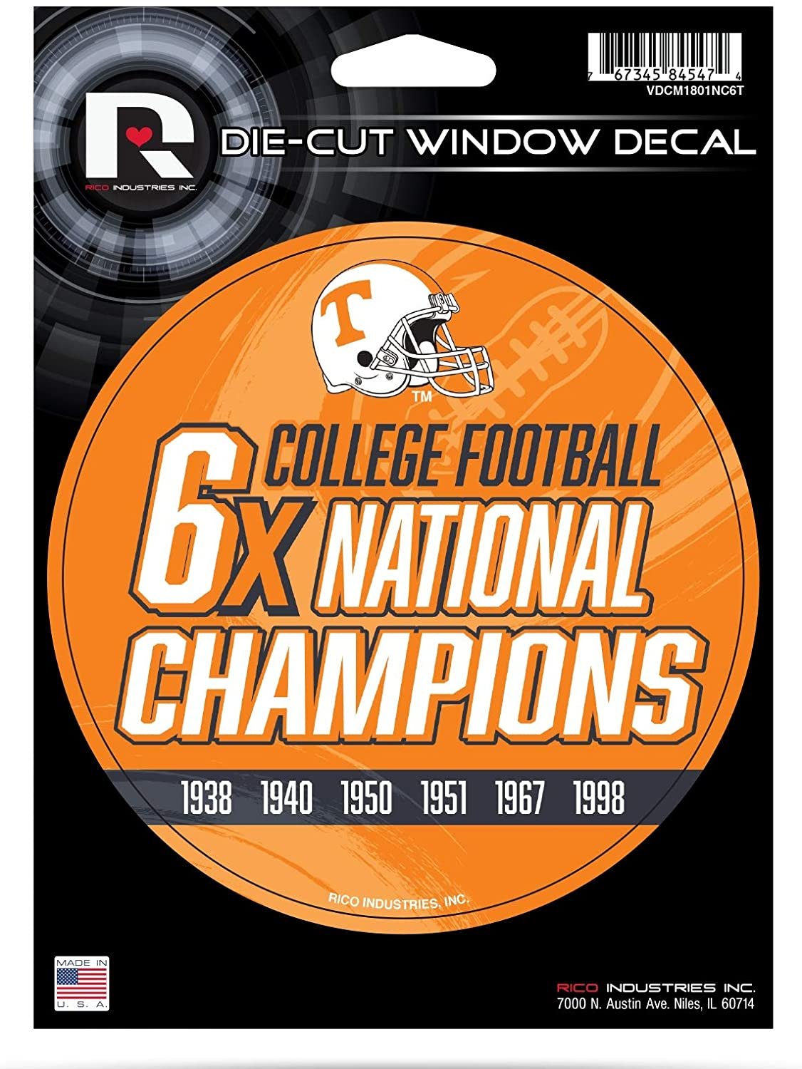 Tennessee Volunteers 5" Decal Sticker 6X Time Champions Flat Vinyl Auto Emblem College Football University of 1