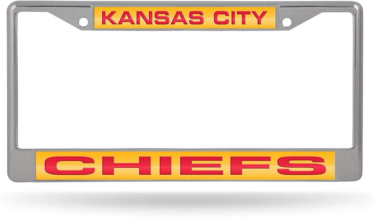 Kansas City Chiefs Chrome Metal License Plate Frame Tag Cover, Laser Mirrored Inserts, 12x6 Inch