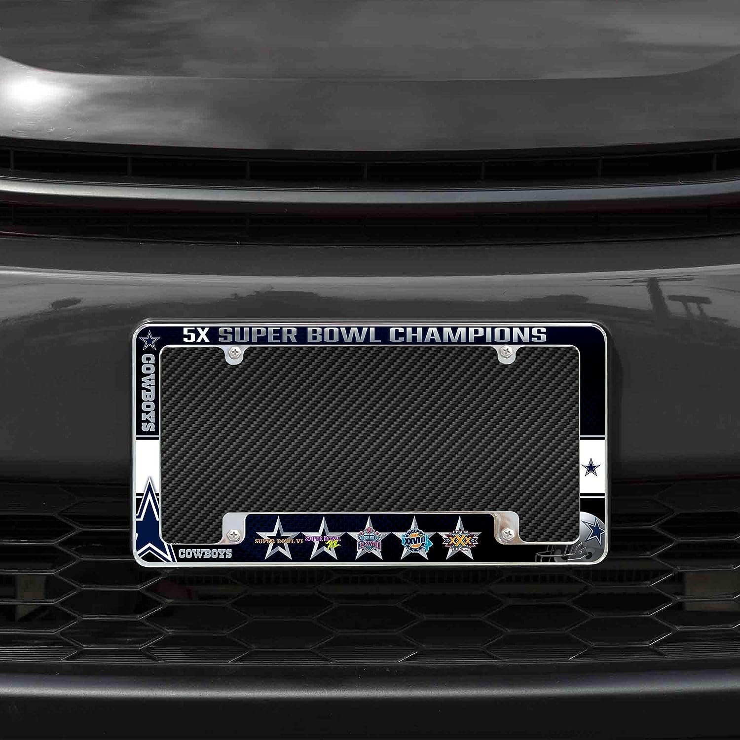 Dallas Cowboys 5-Time Champions Metal License Plate Frame Chrome Tag Cover Alternate Design 6x12 Inch