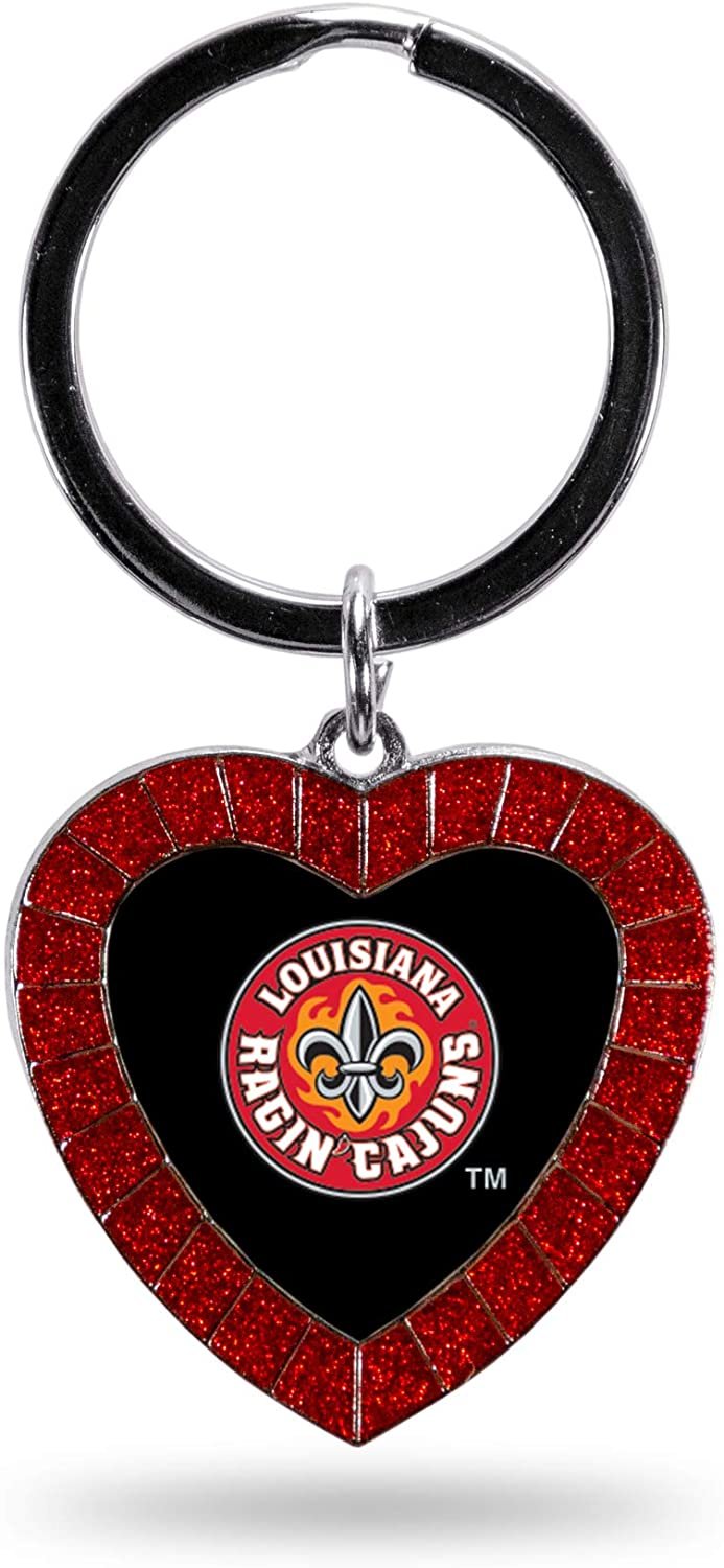 Louisiana Lafayette Ragin' Cajuns Keychain Rhinestone Heart Colored, Red, 3-inches in length