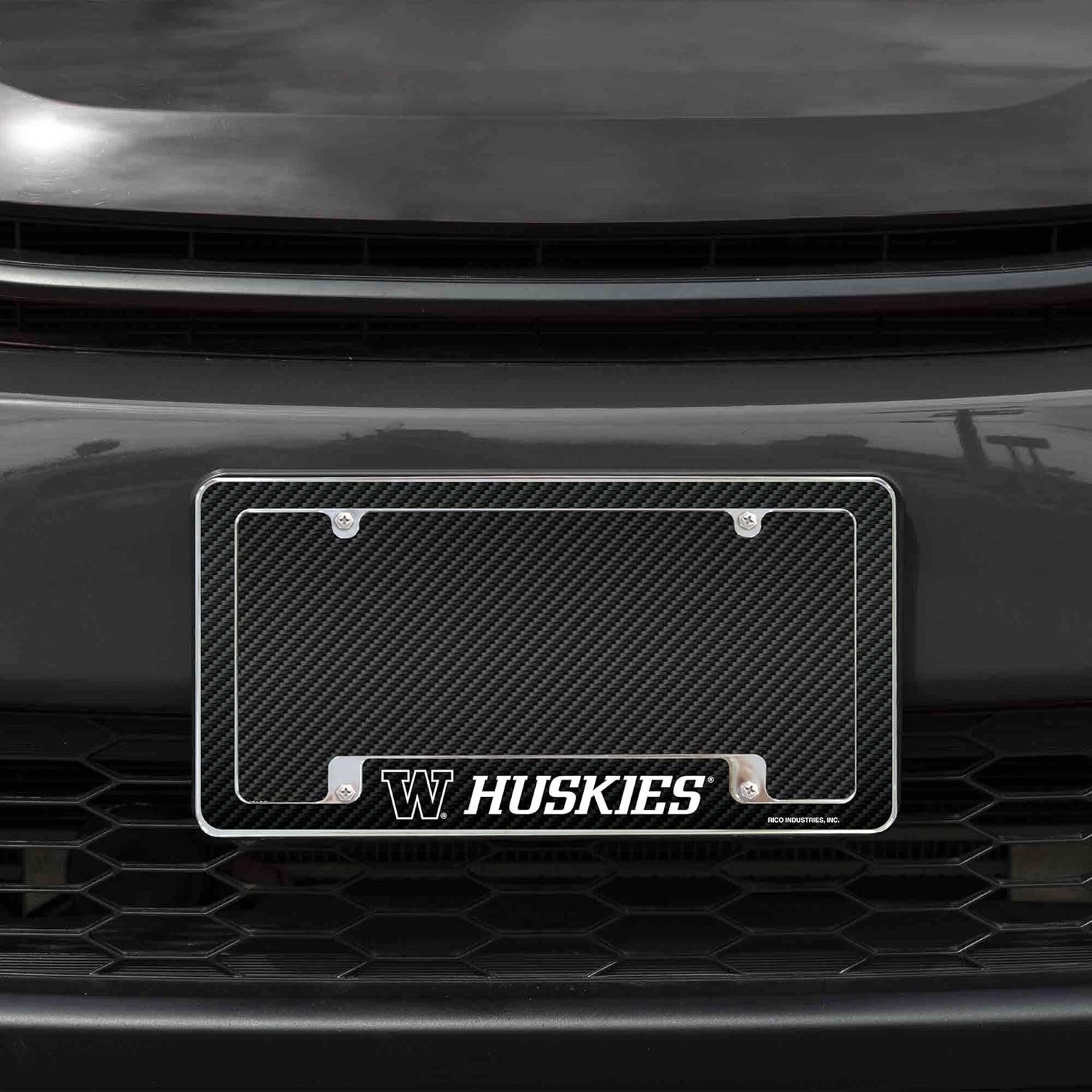 University of Washington Huskies Metal License Plate Frame Chrome Tag Cover 12x6 Inch Carbon Fiber Design