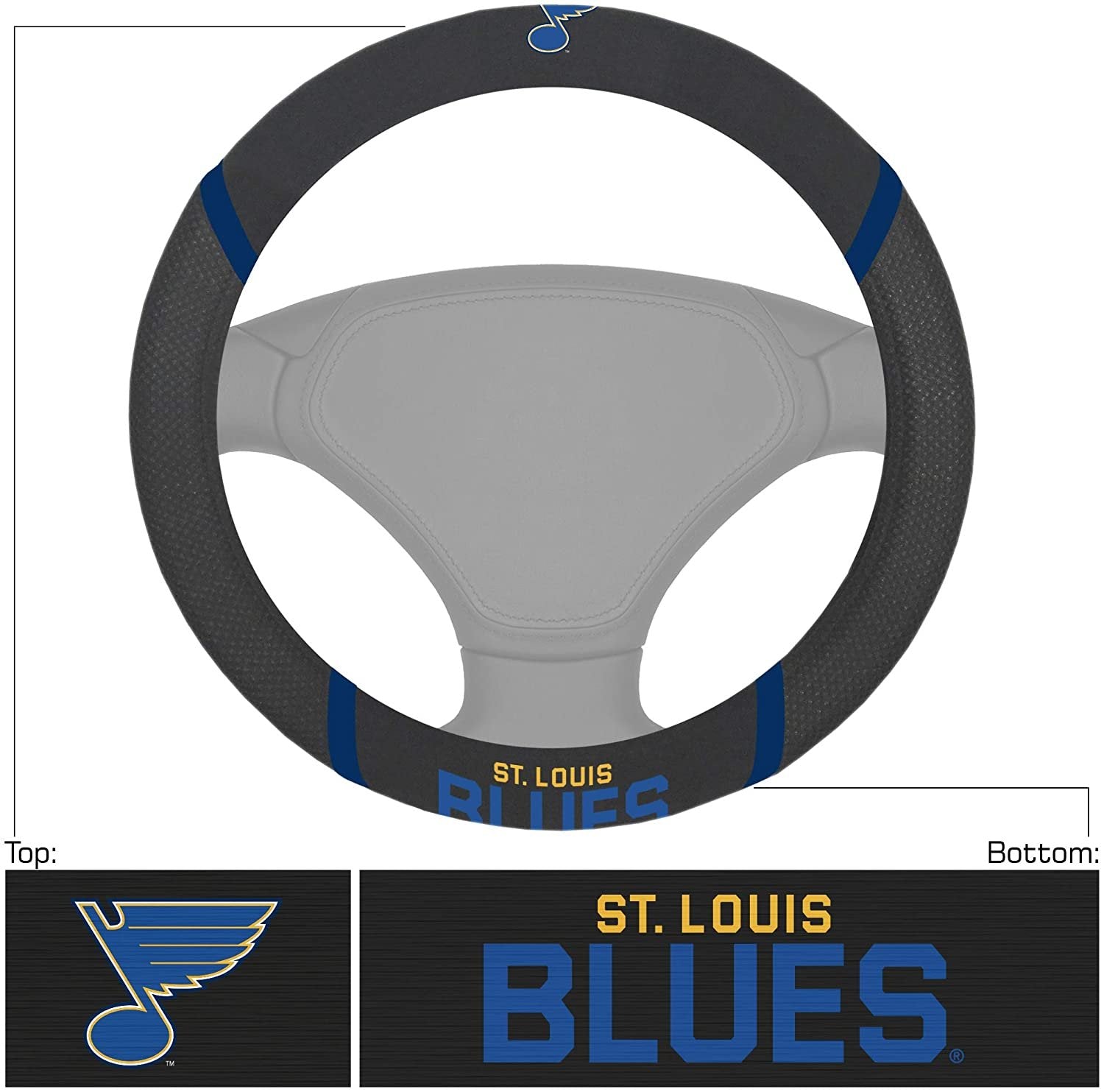 St Louis Blues Steering Wheel Cover Premium Embroidered Black 15 Inch