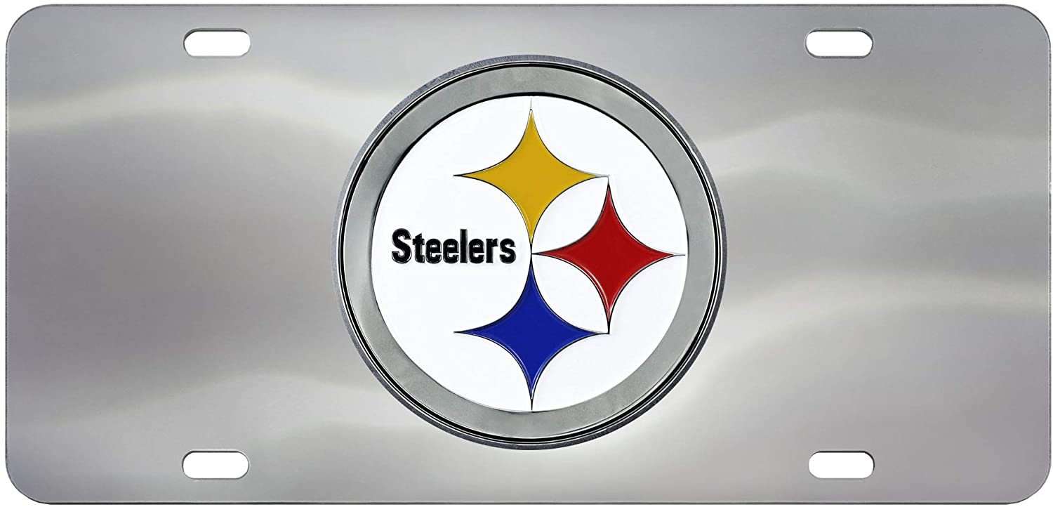 Pittsburgh Steelers License Plate Tag, Premium Stainless Steel Diecast, Chrome, Raised Solid Metal Color Emblem, 6x12 Inch