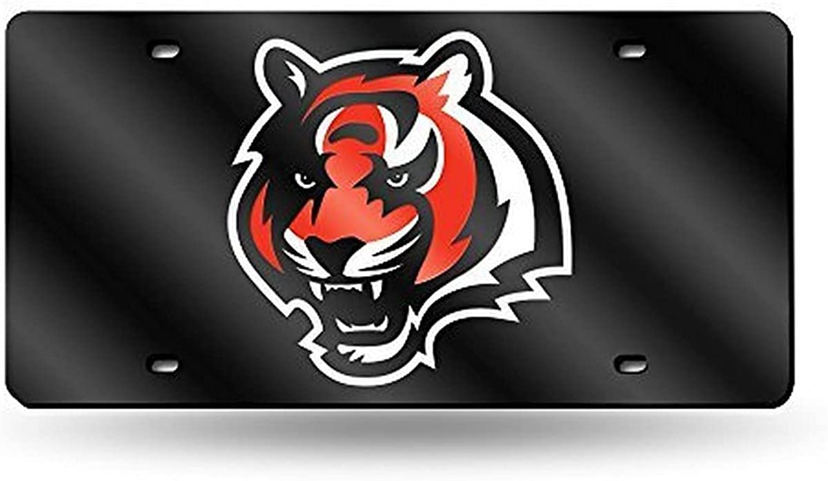 Cincinnati Bengals Premium Laser Cut Tag License Plate, Black, Mirrored Acrylic Inlaid, 12x6 Inch 1