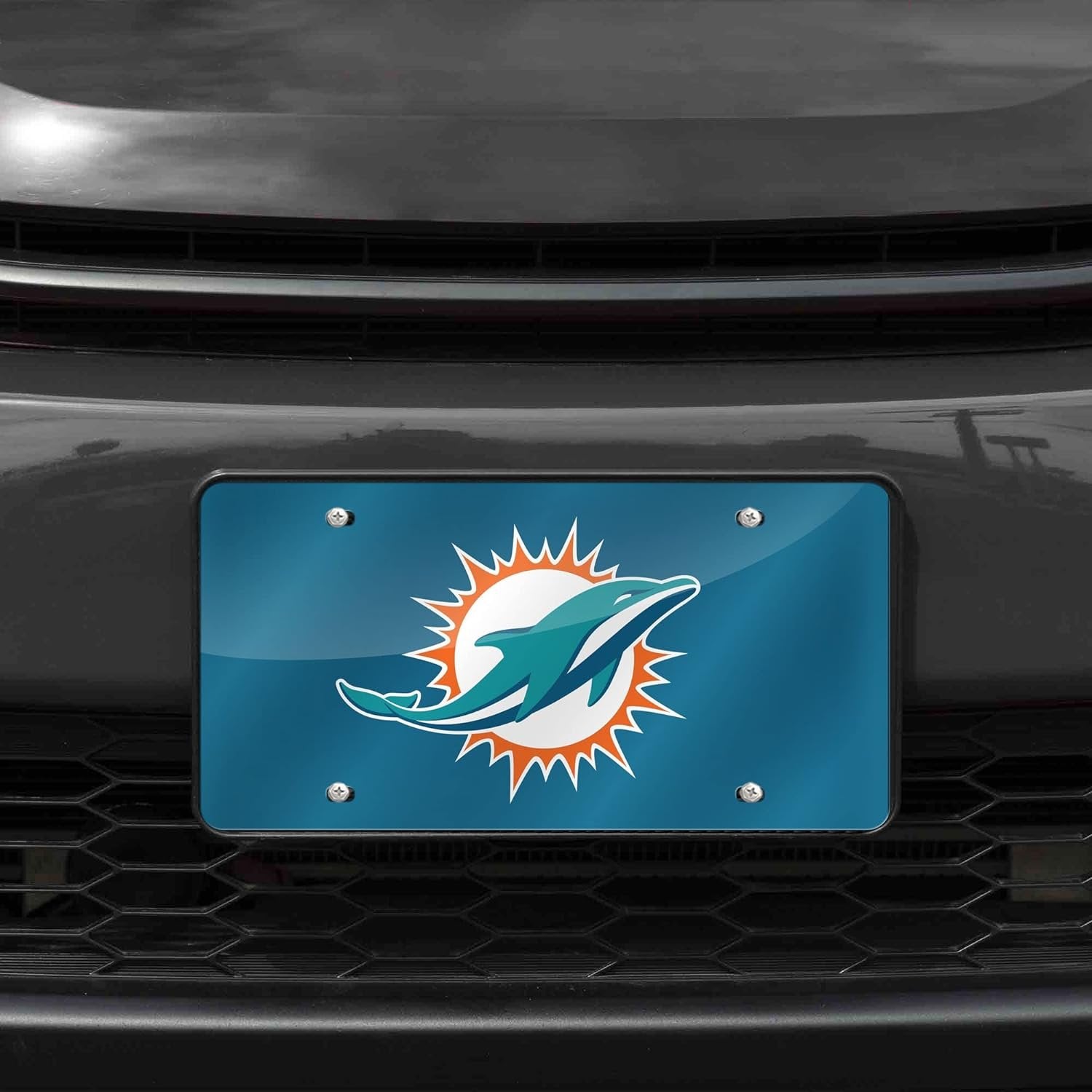Miami Dolphins Premium Laser Cut Tag License Plate, Blue Mirrored Acrylic Inlaid, 12x6 Inch