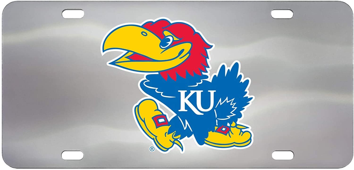 University of Kansas Jayhawks License Plate Tag, Premium Stainless Steel Diecast, Chrome, Raised Solid Metal Color Emblem, 6x12 Inch