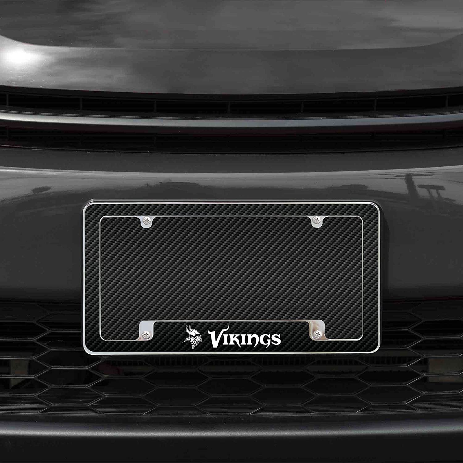 Minnesota Vikings Metal License Plate Frame Chrome Tag Cover Carbon Fiber Design 6x12 Inch 2