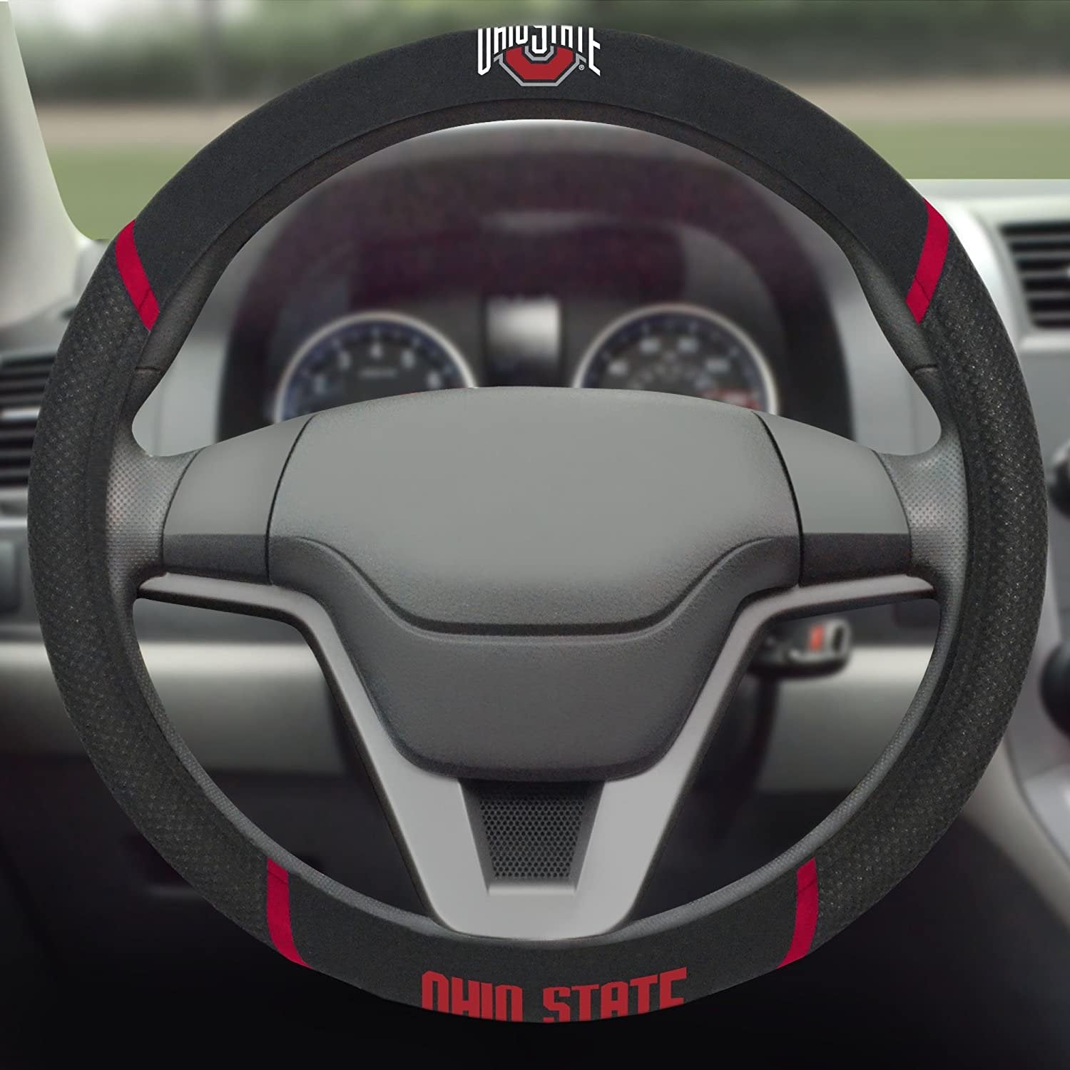 Ohio State Buckeyes Steering Wheel Cover Premium Embroidered Black 15 Inch University 3