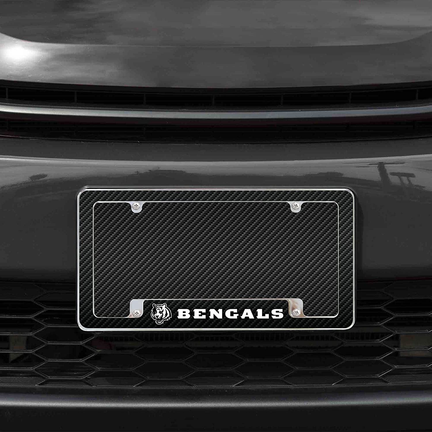 Cincinnati Bengals Metal License Plate Frame Chrome Tag Cover Carbon Fiber Design 6x12 Inch 2