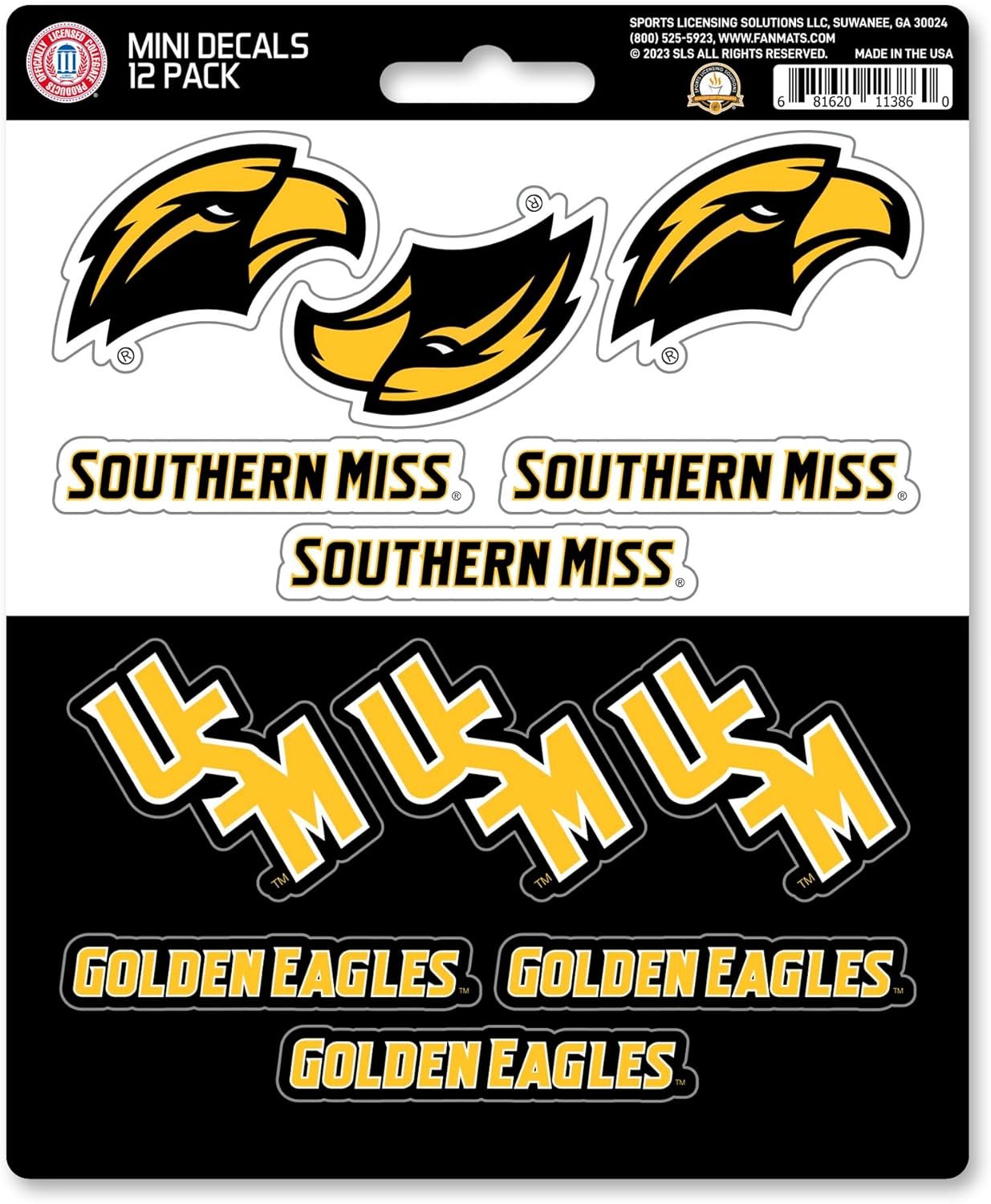 University of Southern Mississippi Golden Eagles 12-Piece Mini Decal Sticker Set, 5x6 Inch Sheet, Gift for football fans for any hard surfaces around home, automotive, personal items 1