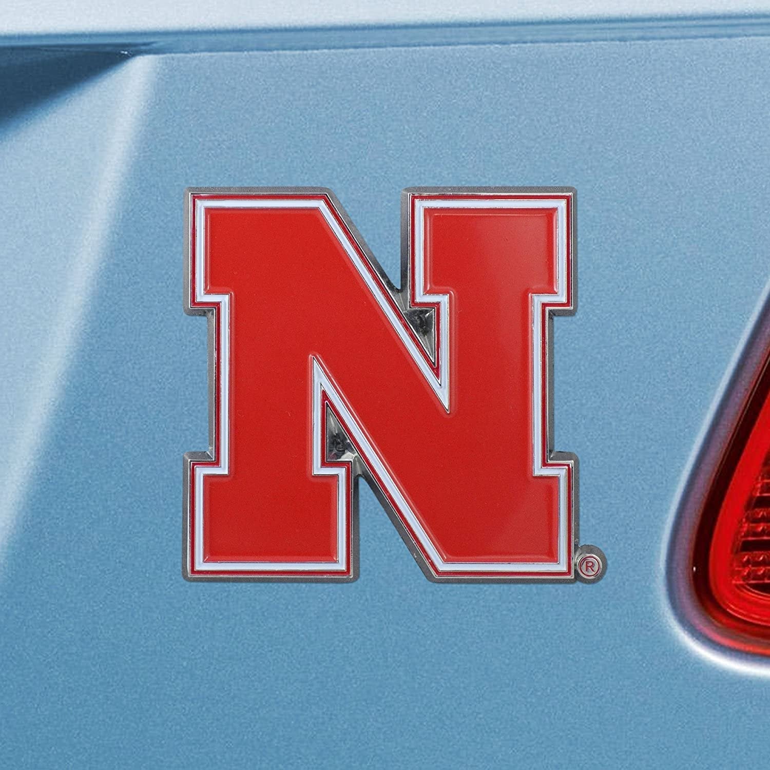 University of Nebraska Cornhuskers Premium Solid Metal Raised Auto Emblem, Shape Cut, Adhesive Backing