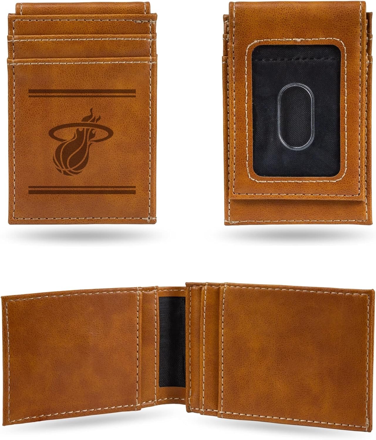Rico Industries NBA Miami Heat Premium Laser Engraved Vegan Brown Leather Front Pocket Wallet - Compact and Slim yet Sturdy Design - Perfect to Show Your Team Pride or Gift